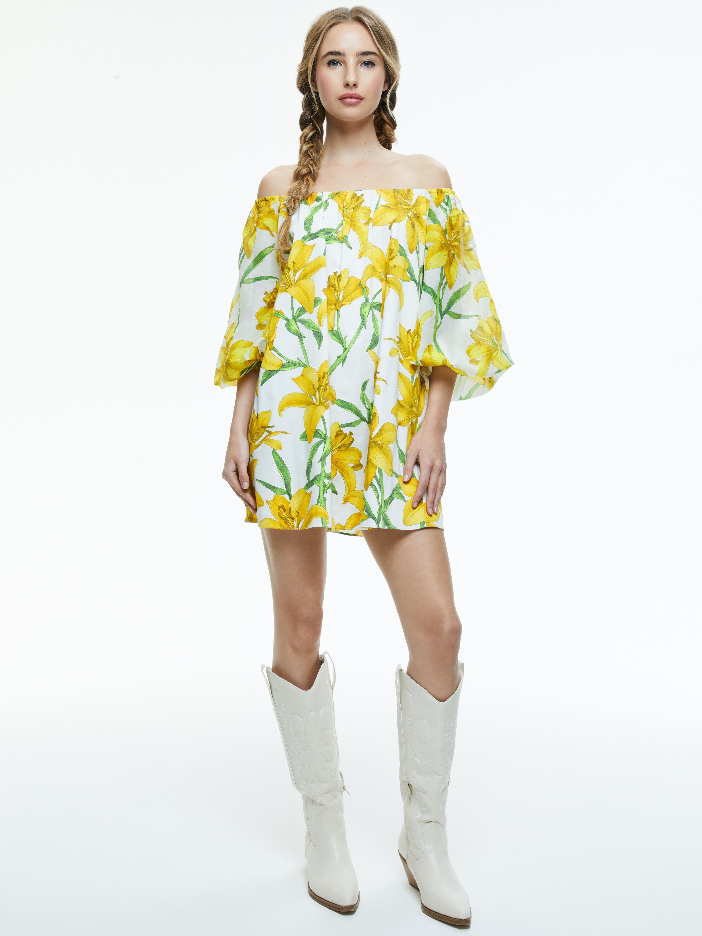 ARTEMIS OFF THE SHOULDER BLOUSON TIE SLEEVE MINI DRESS-STARGAZER MULTI LG-ALICE + OLIVIA