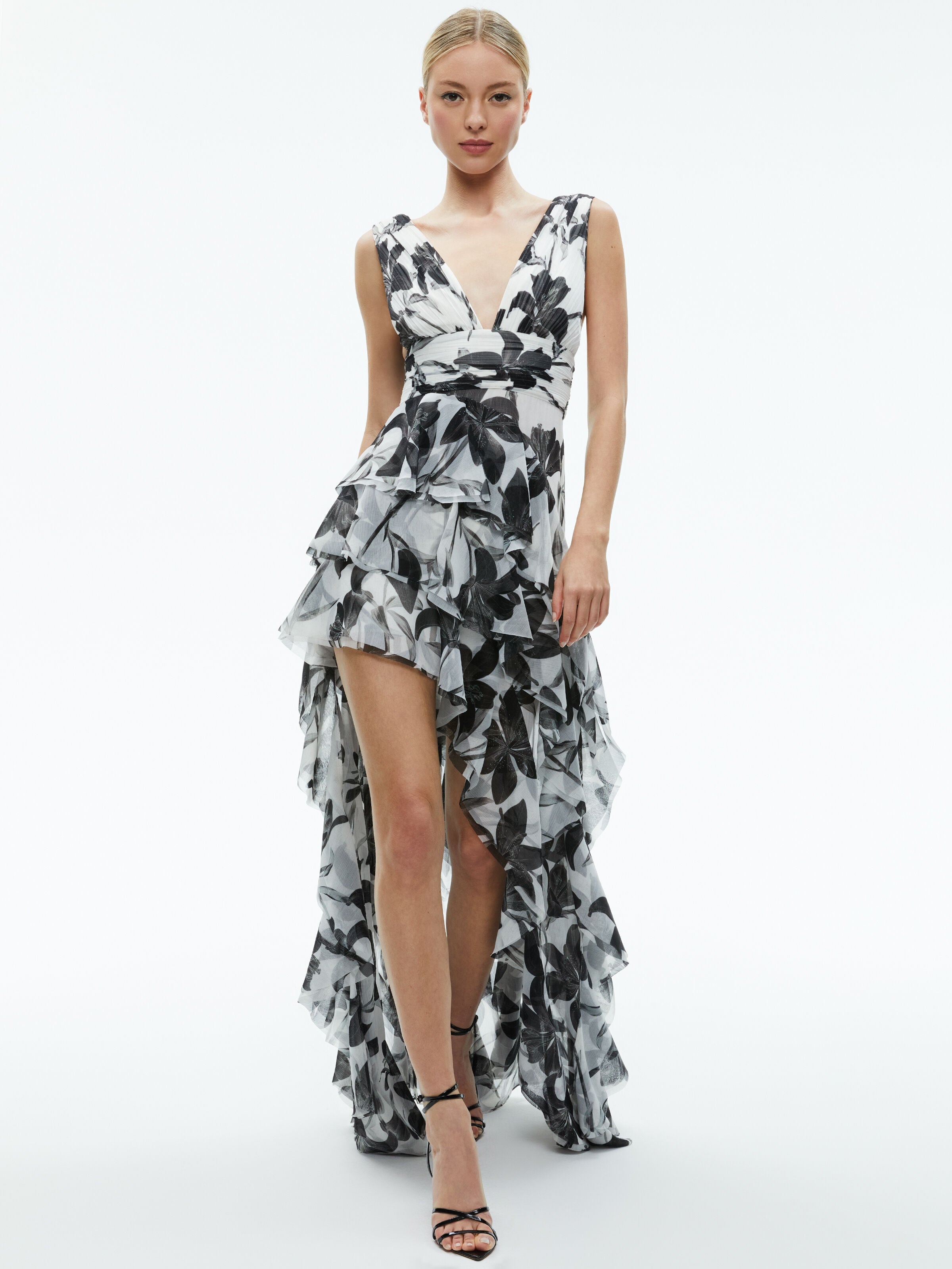 HOLLY LOW NECK ASYMMETRIC RUFFLED MAXI DRESS-ALICE + OLIVIA