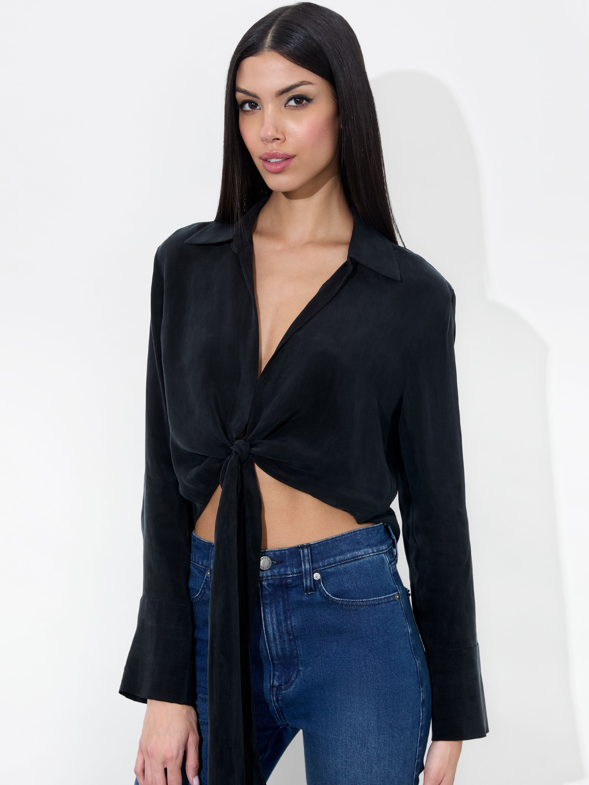 HANNON TIE FRONT BLOUSE-Black-ALICE + OLIVIA