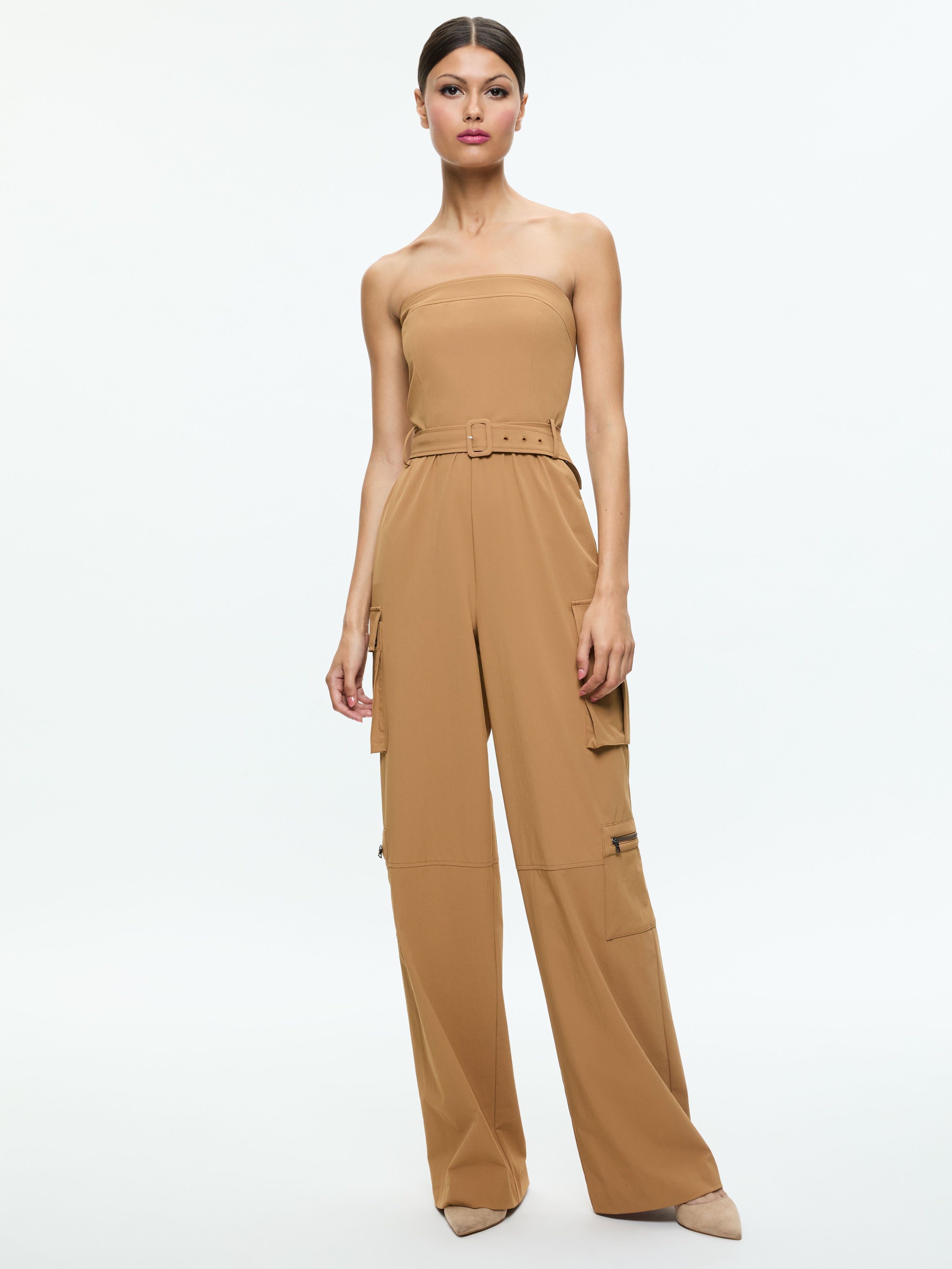 SACHIKO STRAPLESS CARGO JUMPSUIT-TAN-ALICE + OLIVIA
