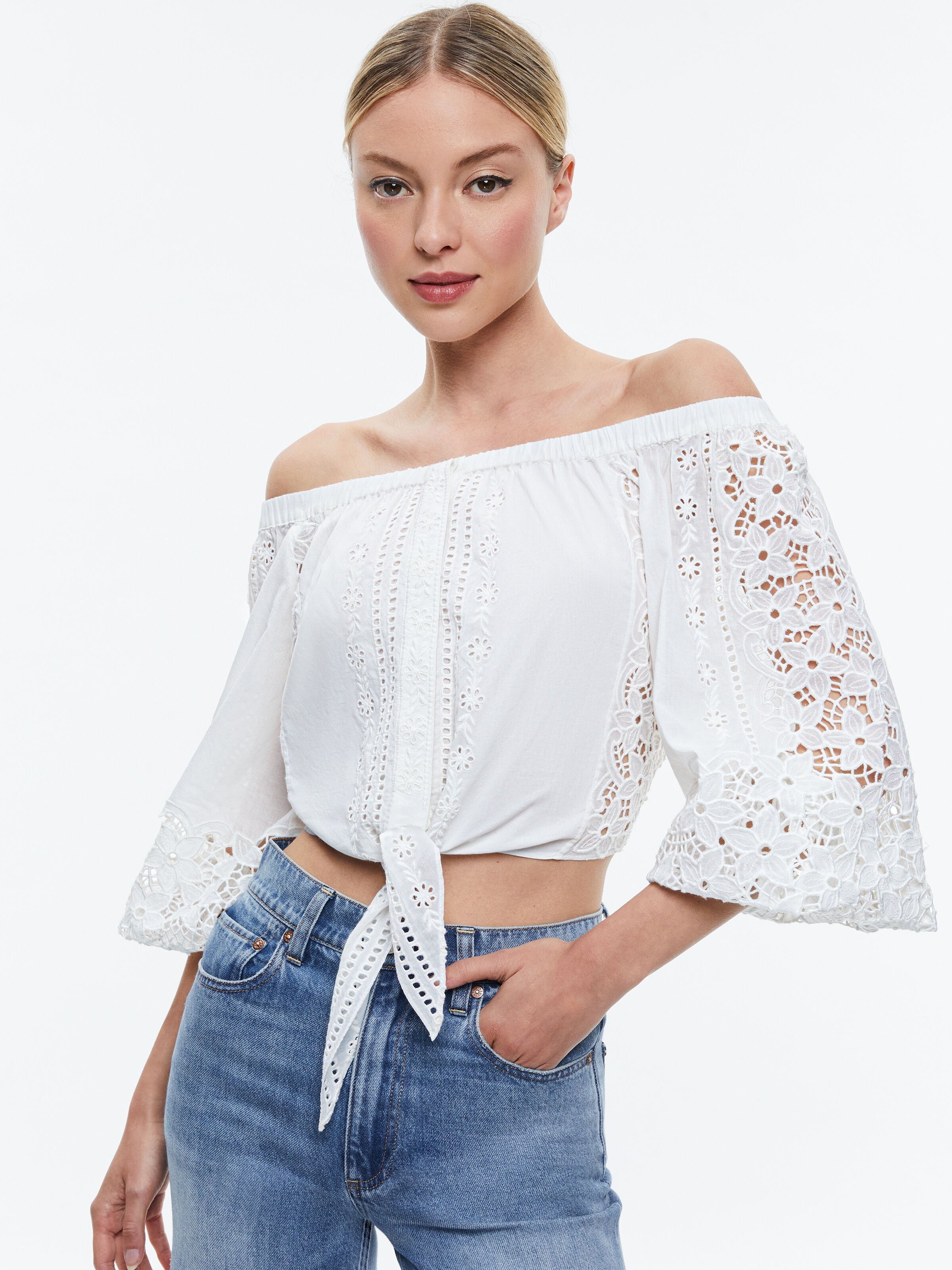 IVY OFF THE SHOULDER CROPPED TOP-OFF WHITE-ALICE + OLIVIA