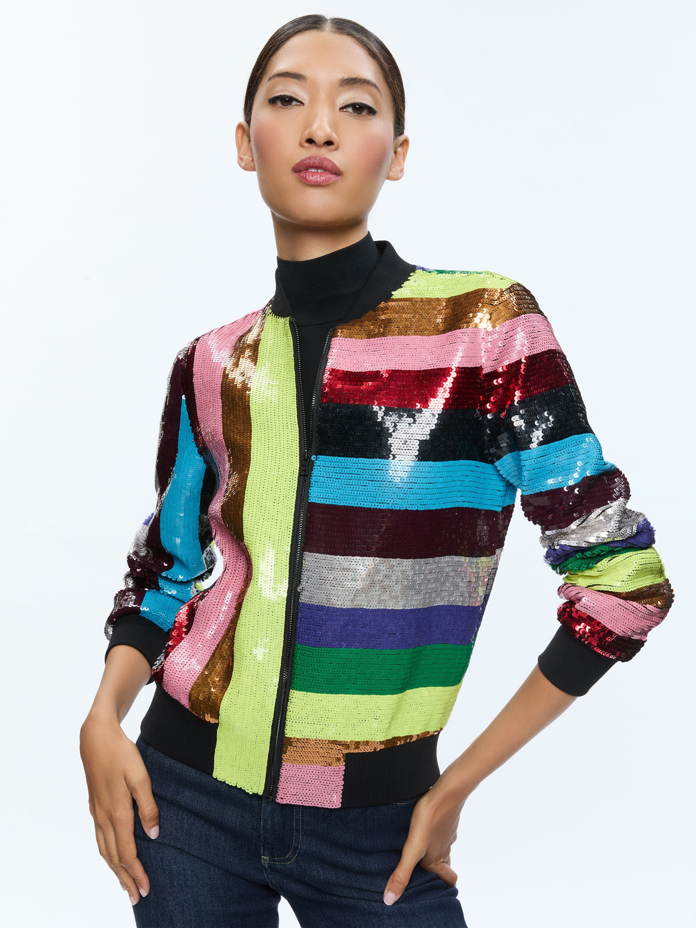 LONNIE SEQUIN CROPPED VARSITY JACKET-MULTI-ALICE + OLIVIA