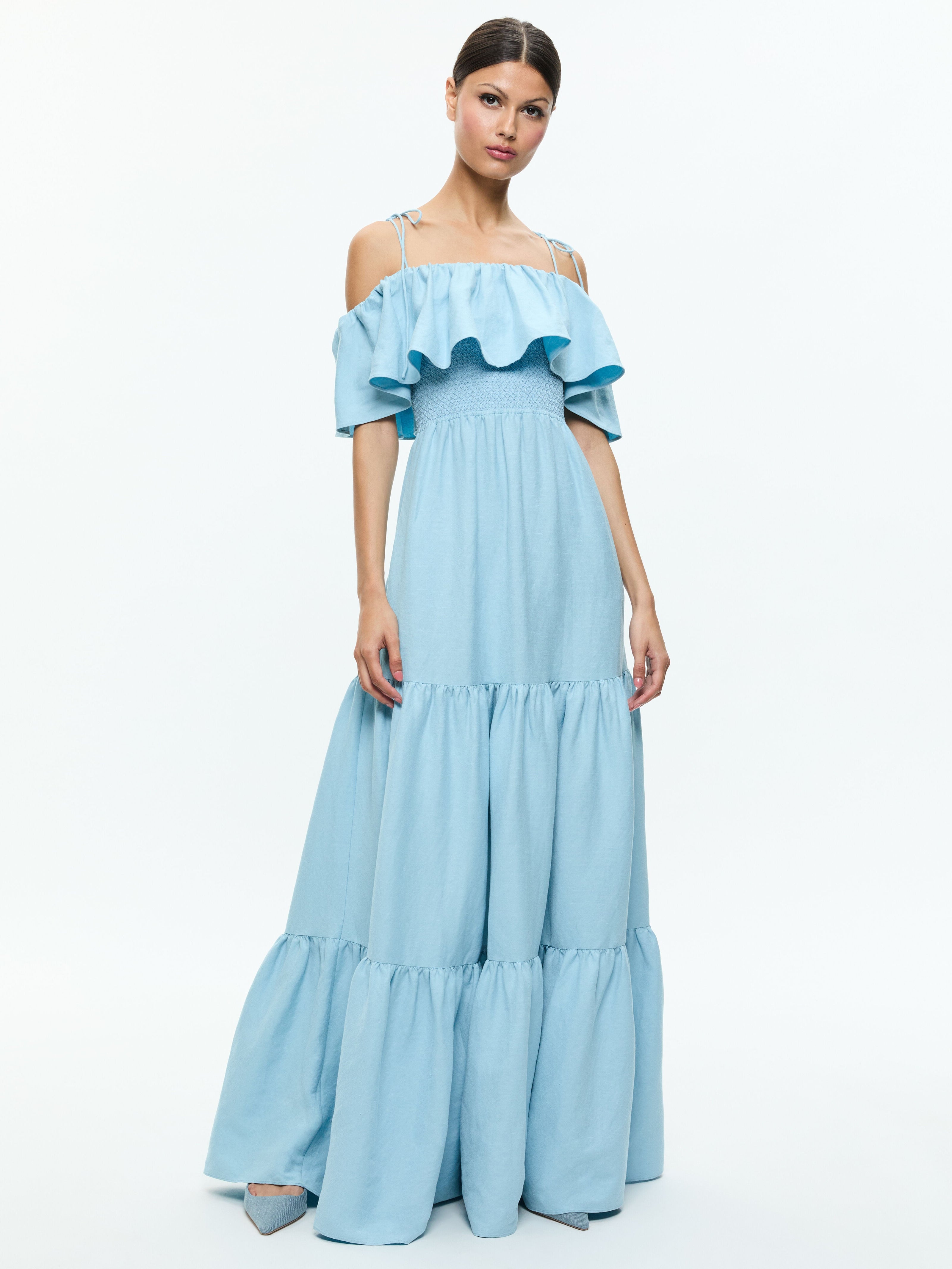 KIA OFF THE SHOULDER TIERED MAXI DRESS-MINERAL BLUE-ALICE + OLIVIA