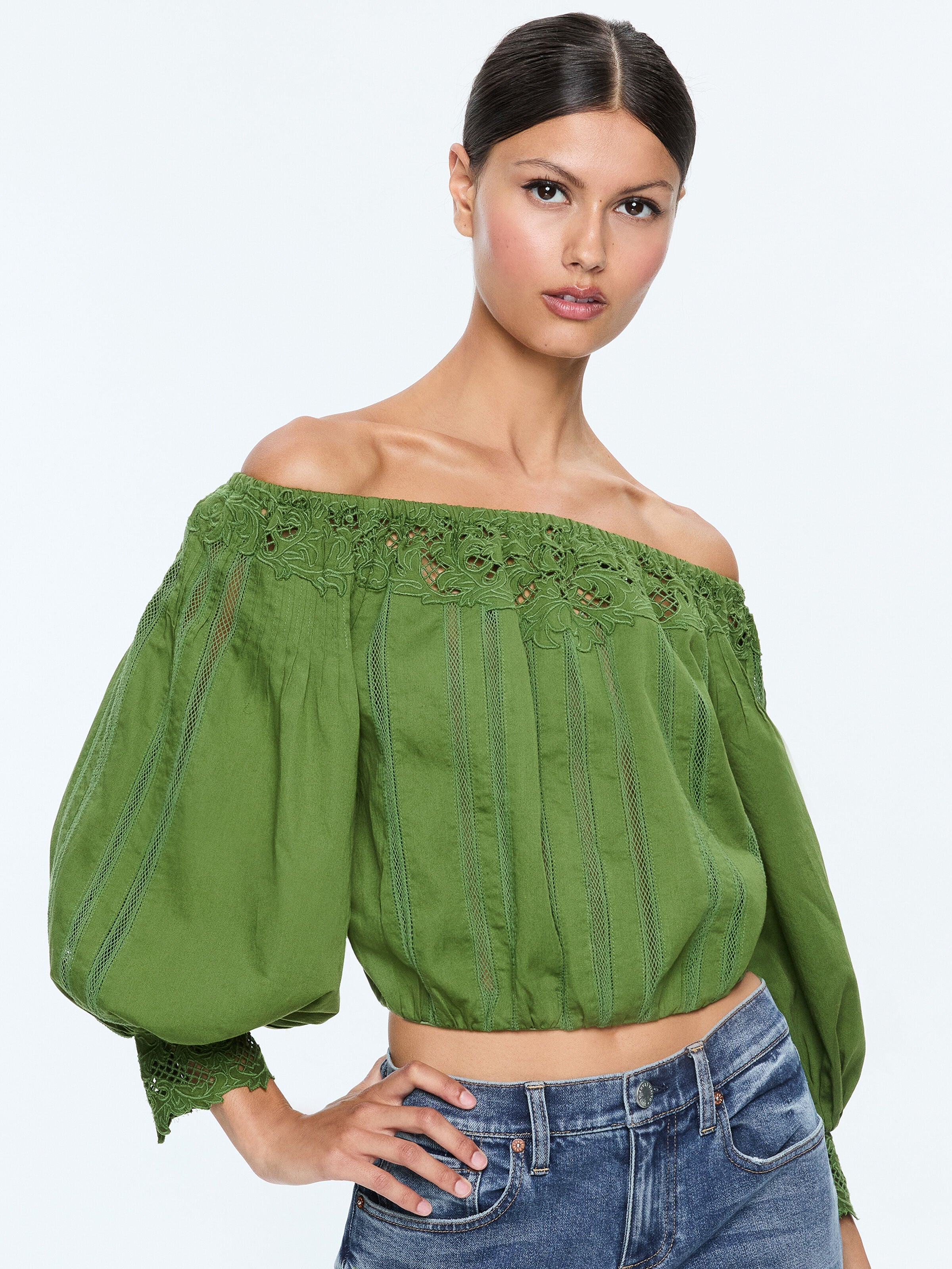NAN EMBROIDERED OFF THE SHOULDER BLOUSE-AVOCADO-ALICE + OLIVIA