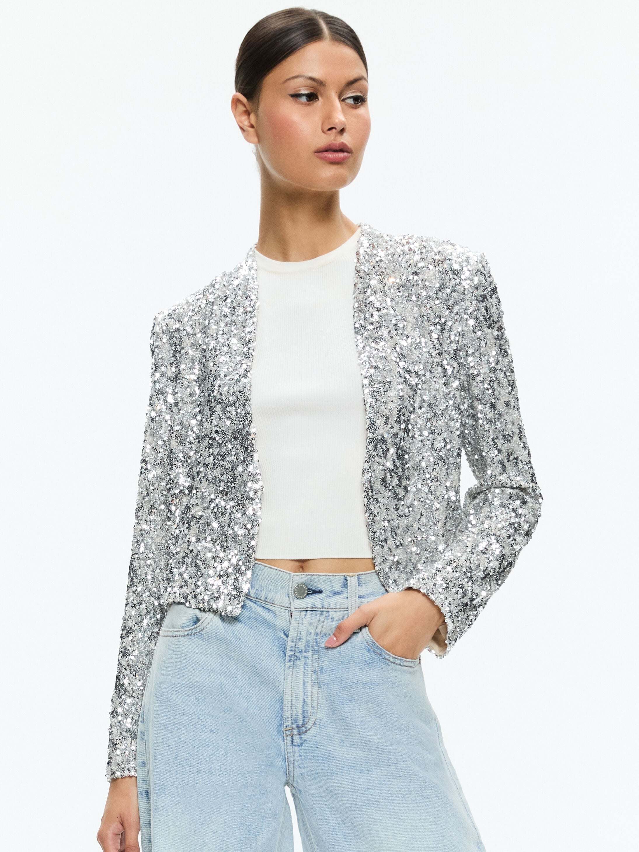 NEW HARVEY SEQUIN OPEN FRONT JACKET-CHAMPAGNE/SILVER-ALICE + OLIVIA