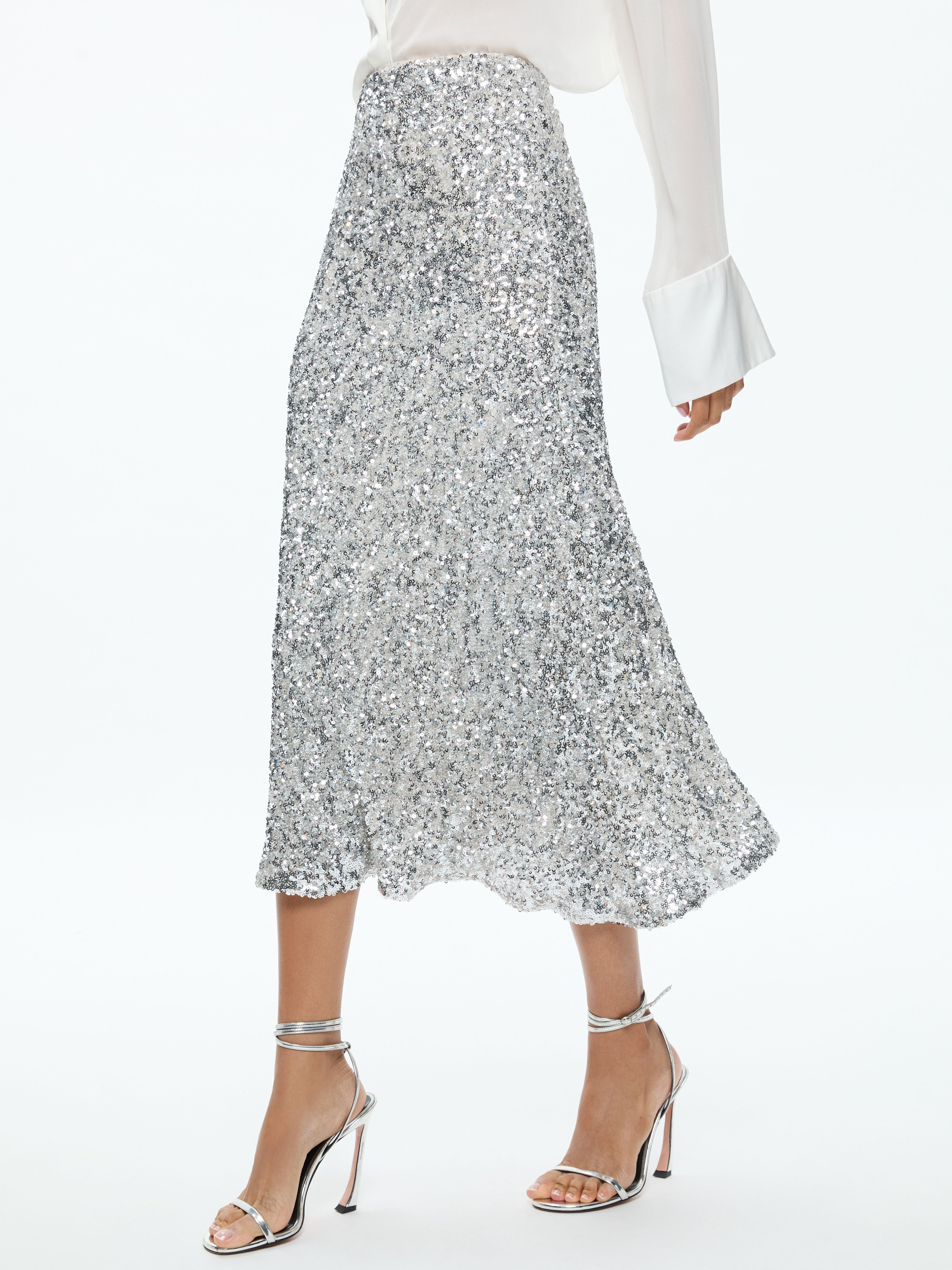 MAEVE SEQUIN KICK FLARE SLIP SKIRT-CHAMPAGNE/SILVER-ALICE + OLIVIA