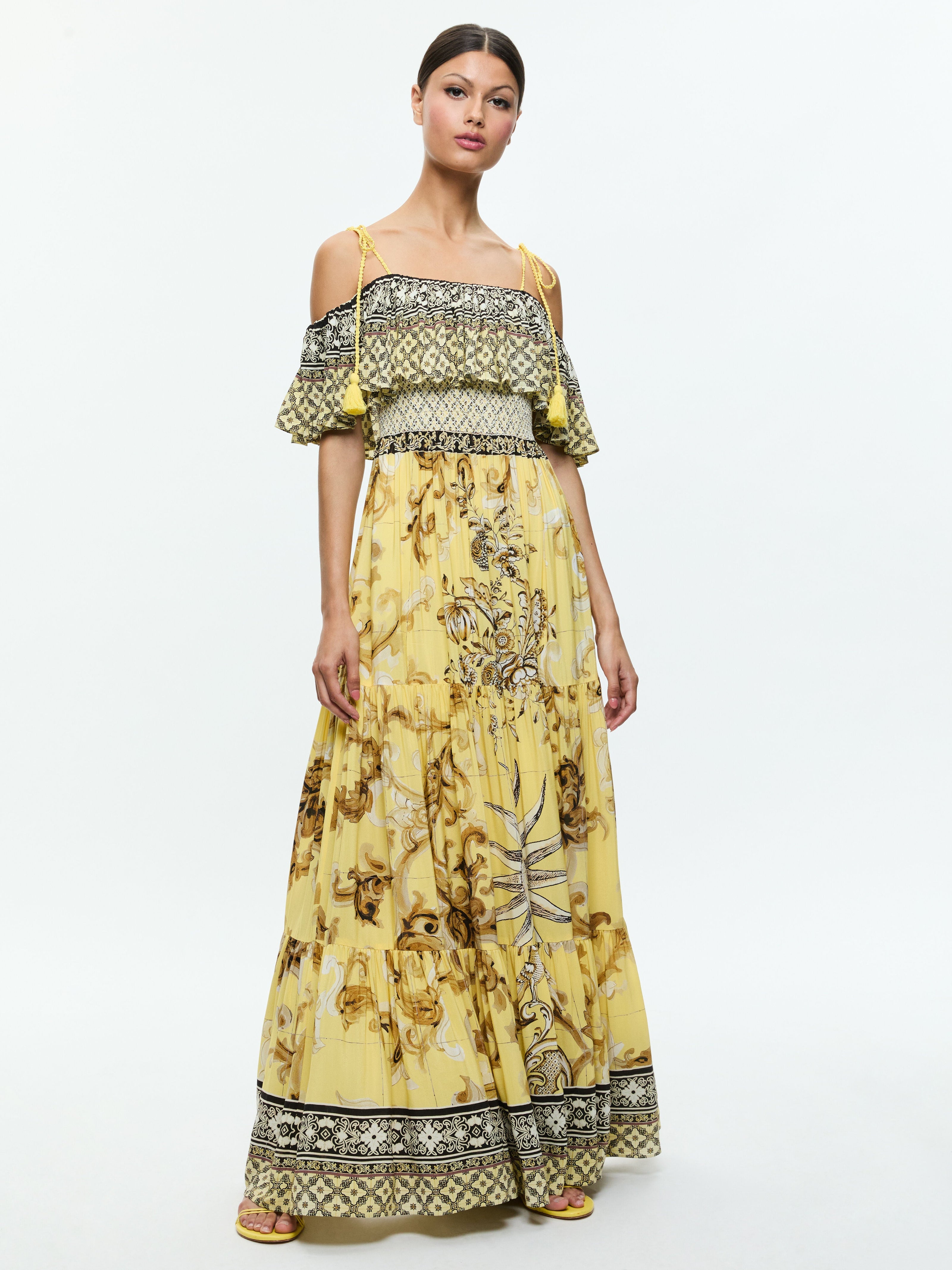KIA OFF THE SHOULDER TIERED MAXI DRESS-LISBOA LEMON MERINGUE-ALICE + OLIVIA