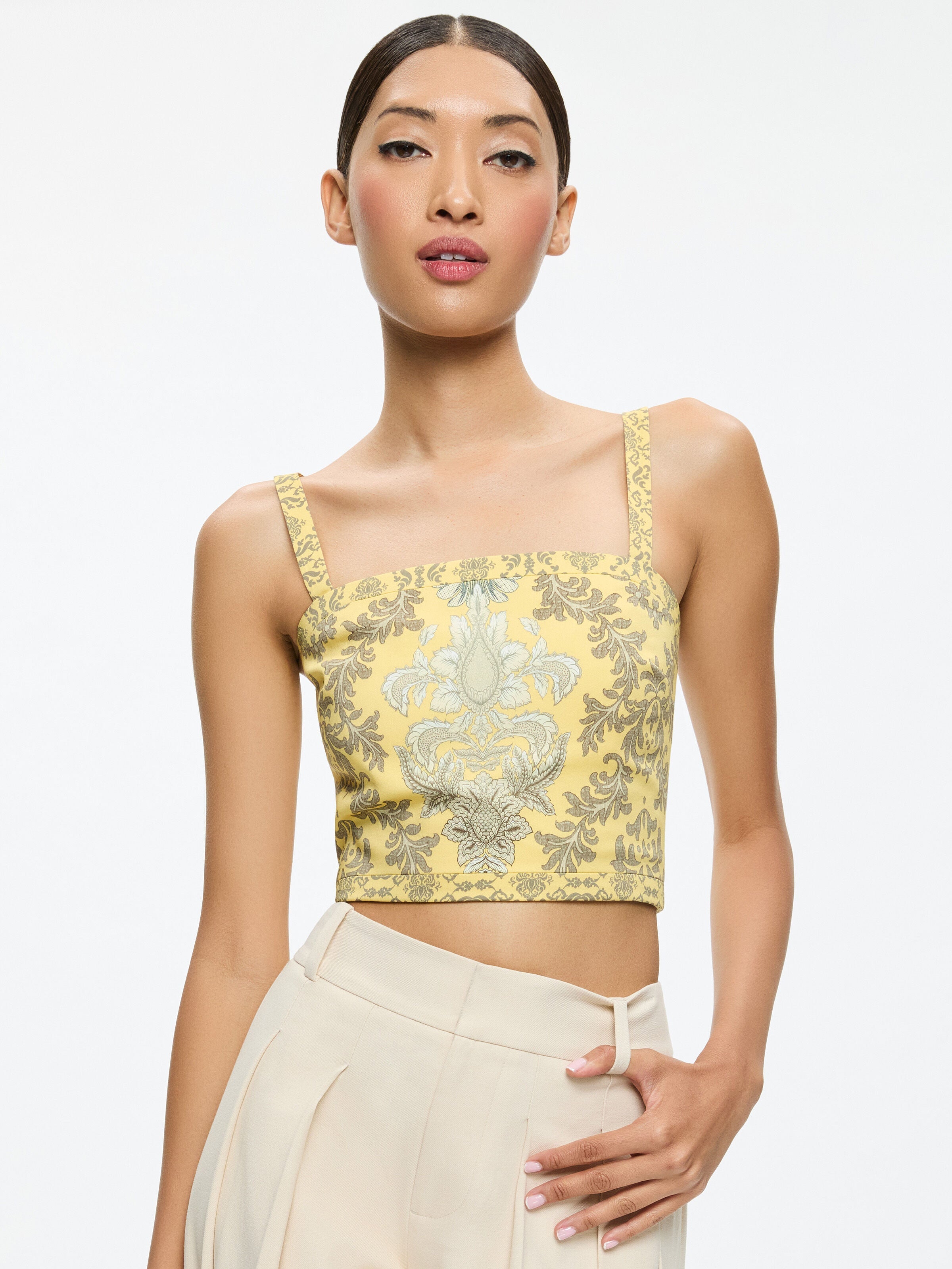 SASHA LACE UP BACK CROPPED TOP-VANITY LEMON MERINGUE/MULTI-ALICE + OLIVIA
