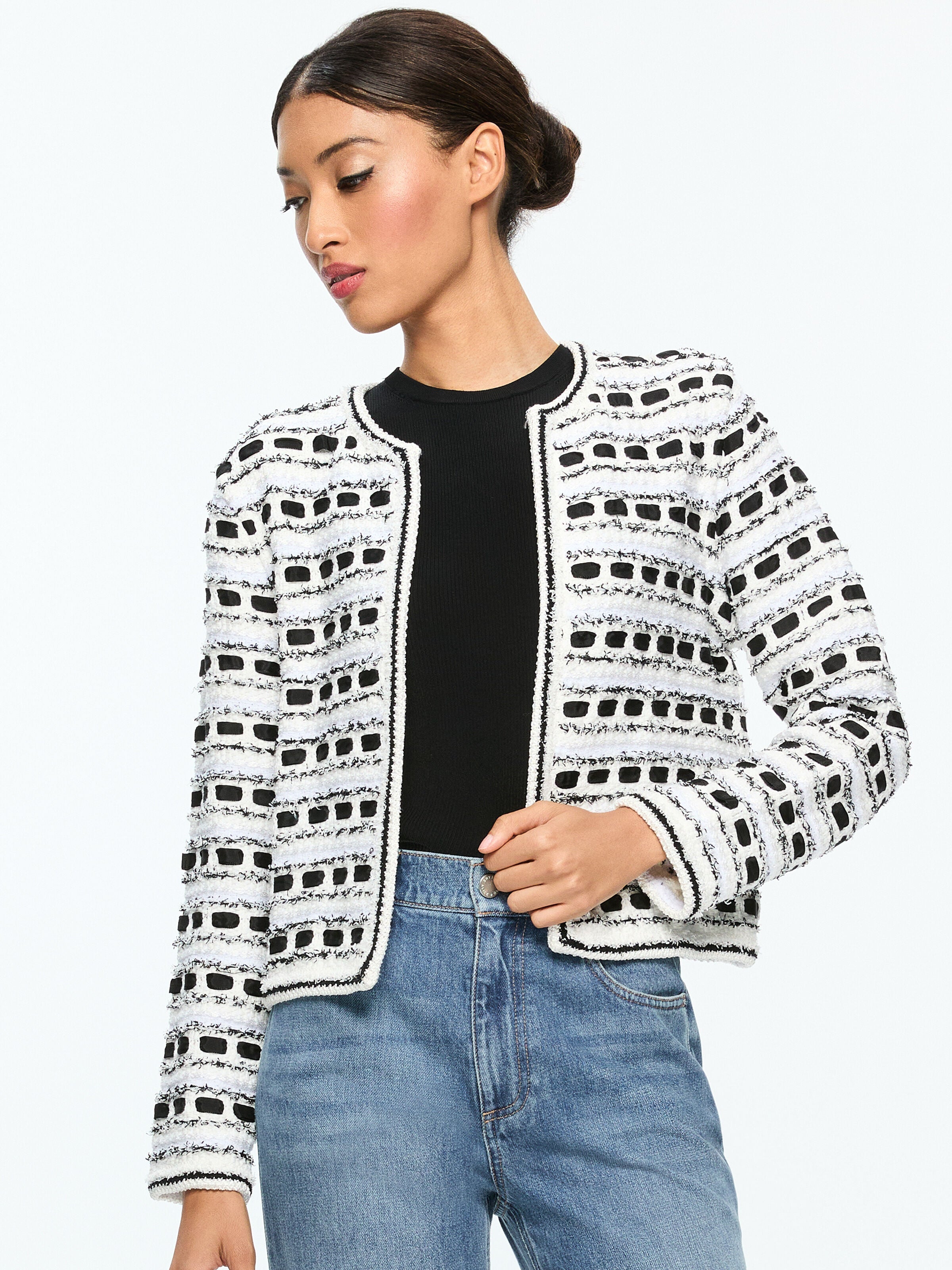 MARJORIE TWEED CARDIGAN-BRIGHT RUBY/BLACK/SOFT WHITE-ALICE + OLIVIA