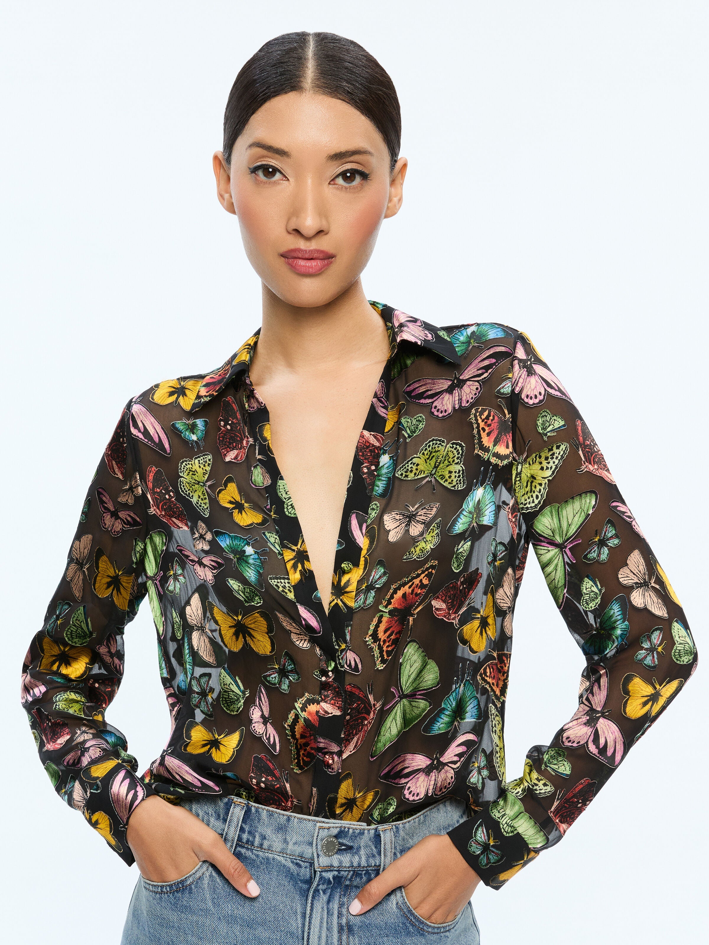 ELOISE BUTTON DOWN-BOUNDLESS BUTTERFLY BLACK-ALICE + OLIVIA