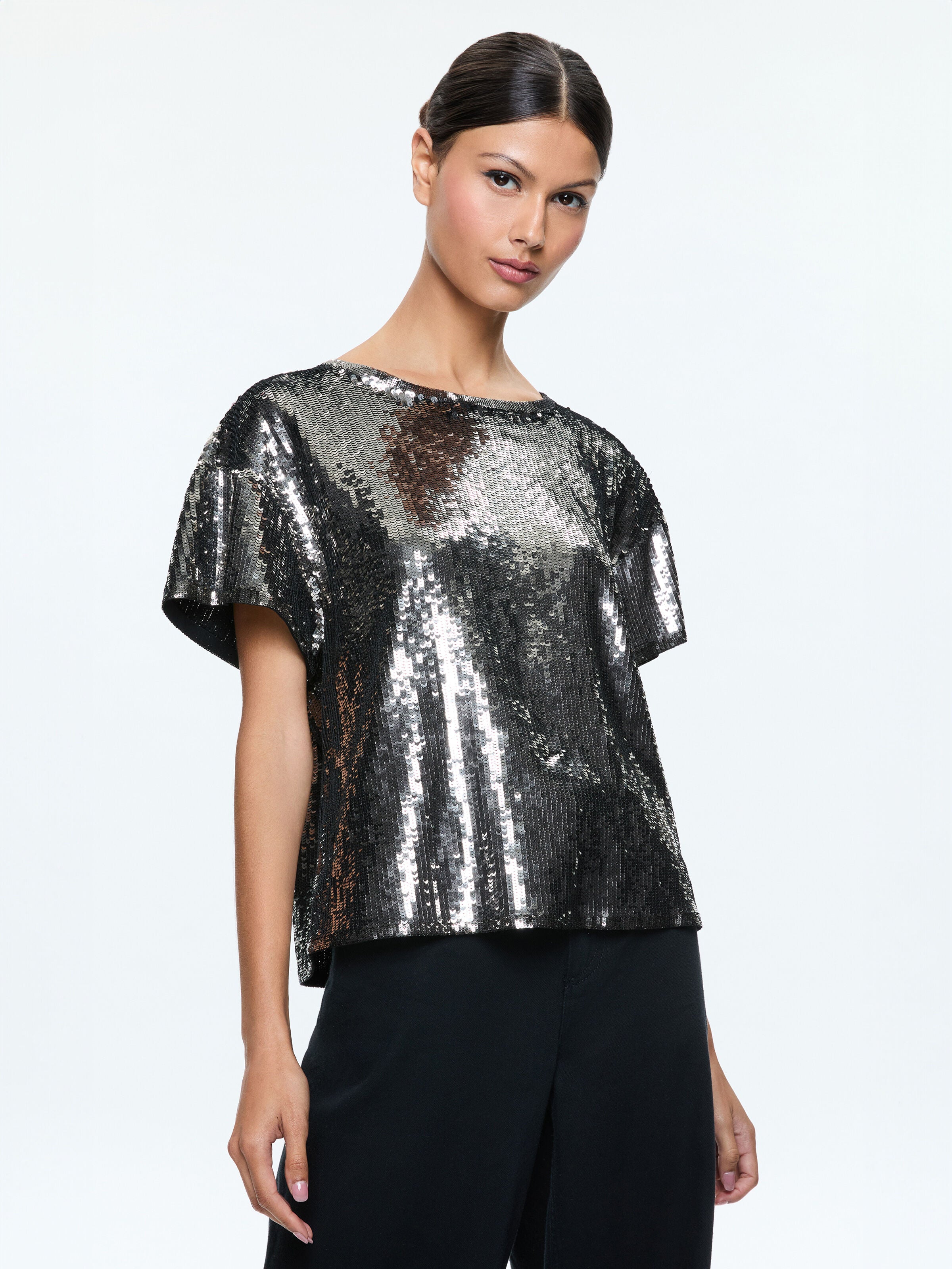 EVAN SEQUIN OVERSIZED TEE-GUNMETAL-ALICE + OLIVIA