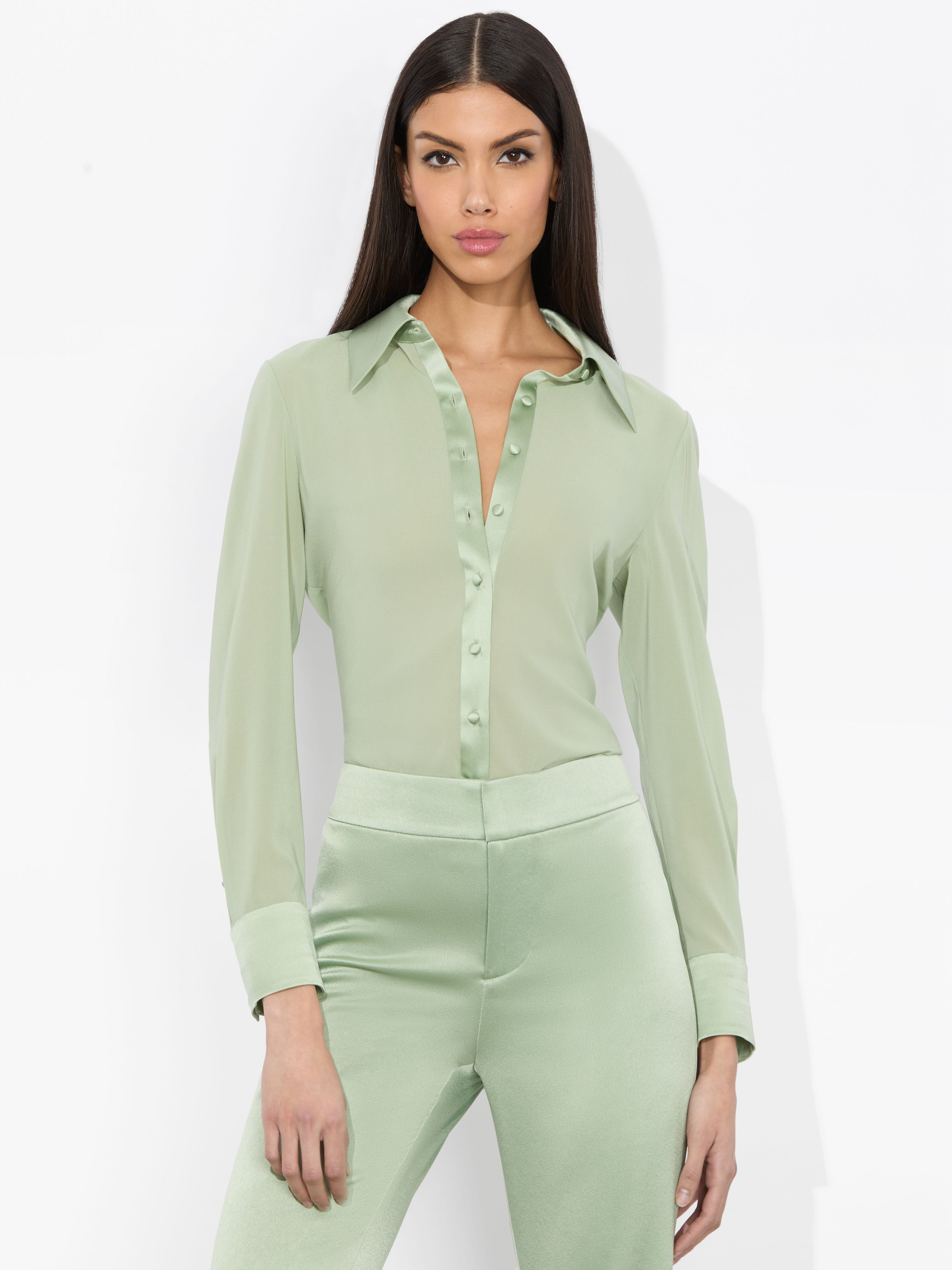 WILLA 70S COLLAR SILK BLOUSE-SAGE-ALICE + OLIVIA