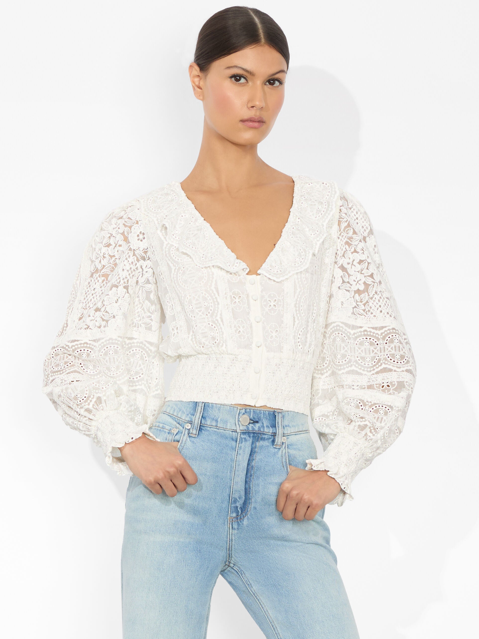 DOVE RUFFLED CROP TOP-ALICE + OLIVIA