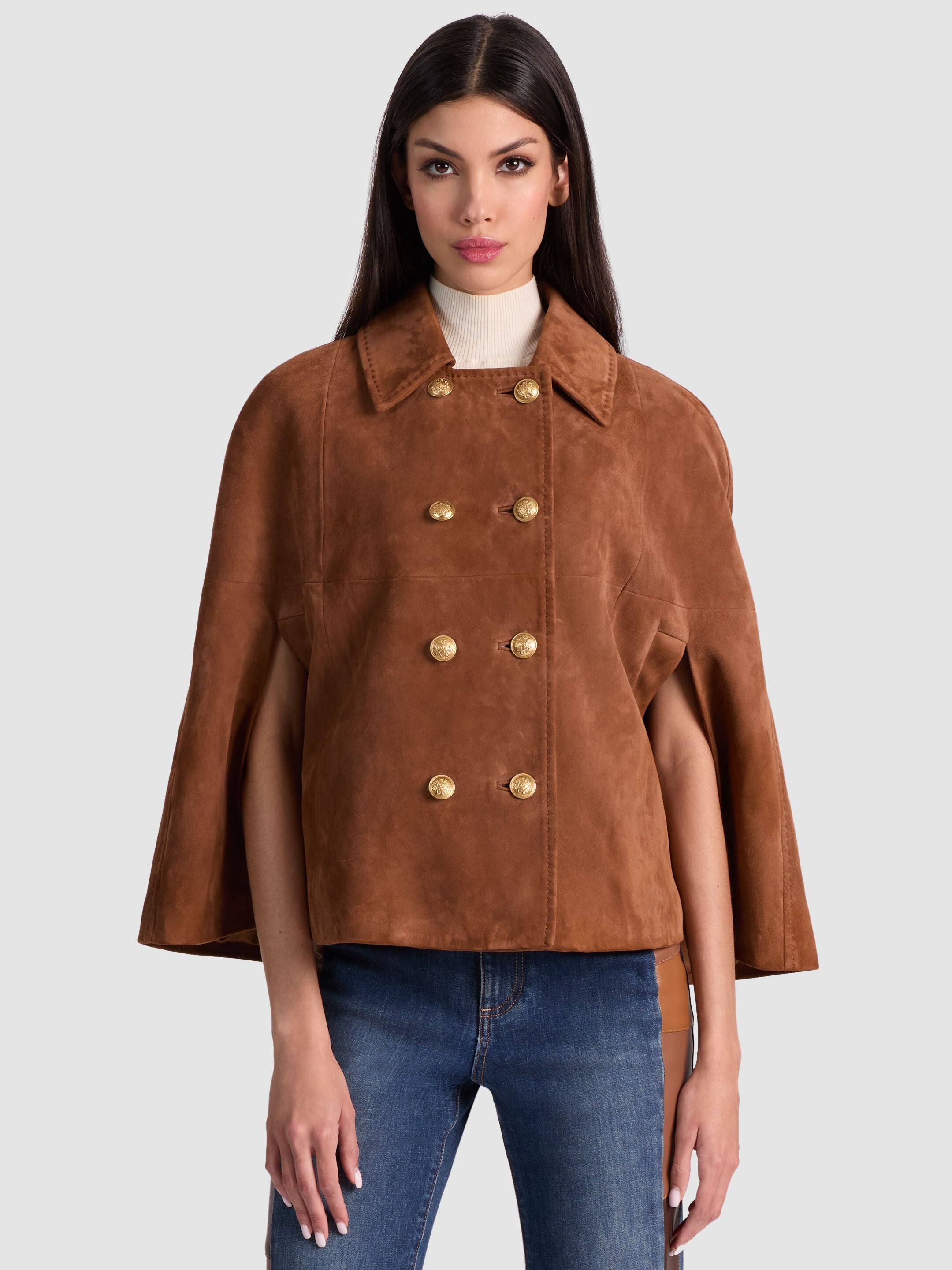 REYNALDA SUEDE DBL BREASTED MINI CAPE-ALICE + OLIVIA