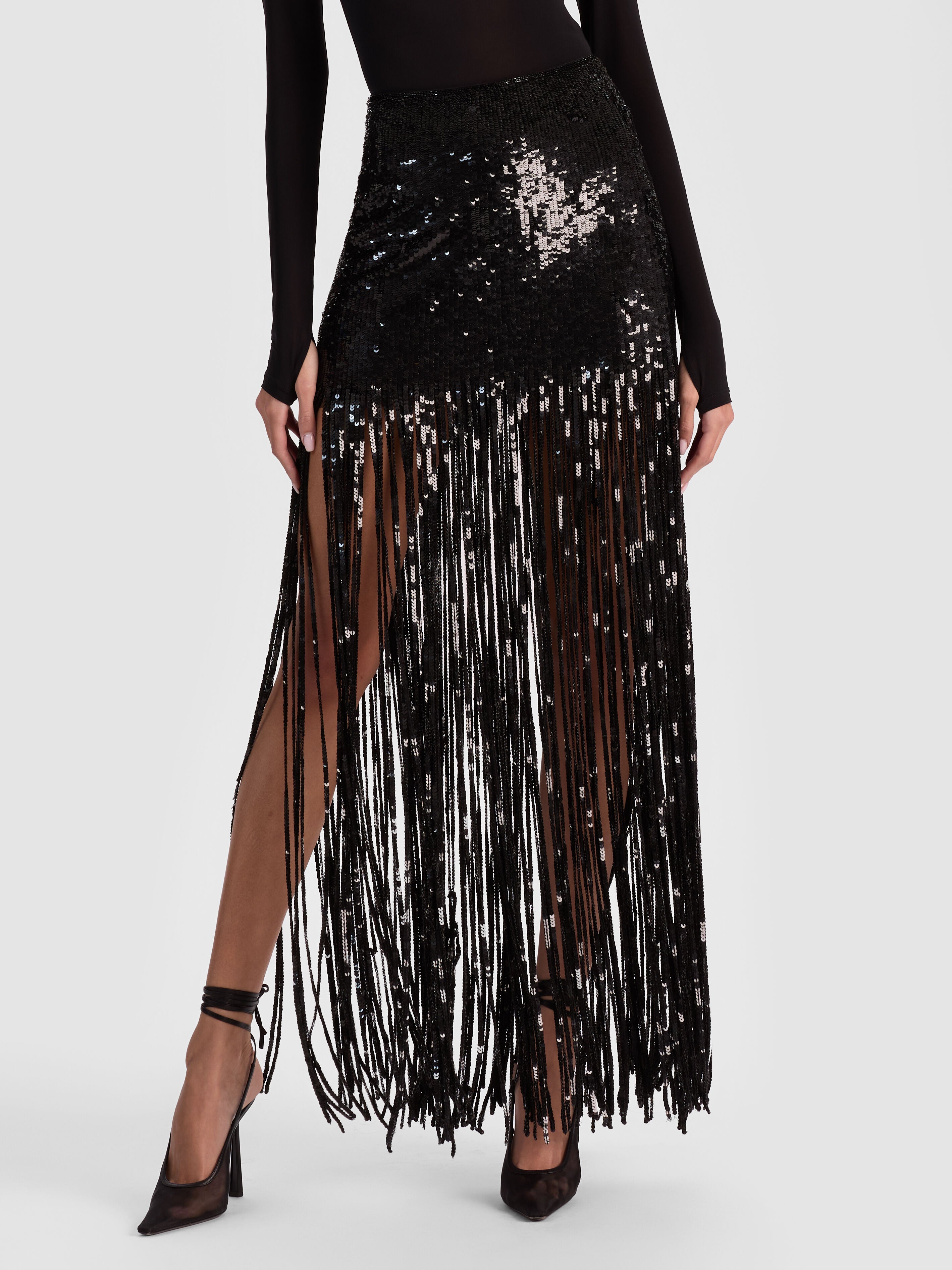KENDRA SEQUIN FRINGE MAXI SKIRT-ALICE + OLIVIA