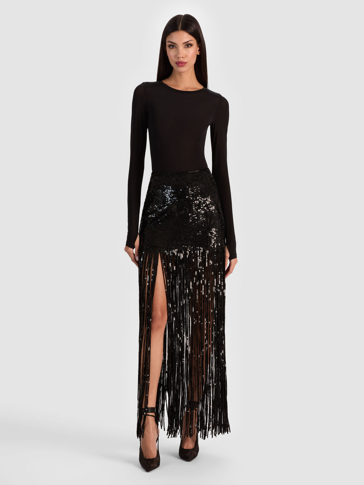 KENDRA SEQUIN FRINGE MAXI SKIRT - BLACK