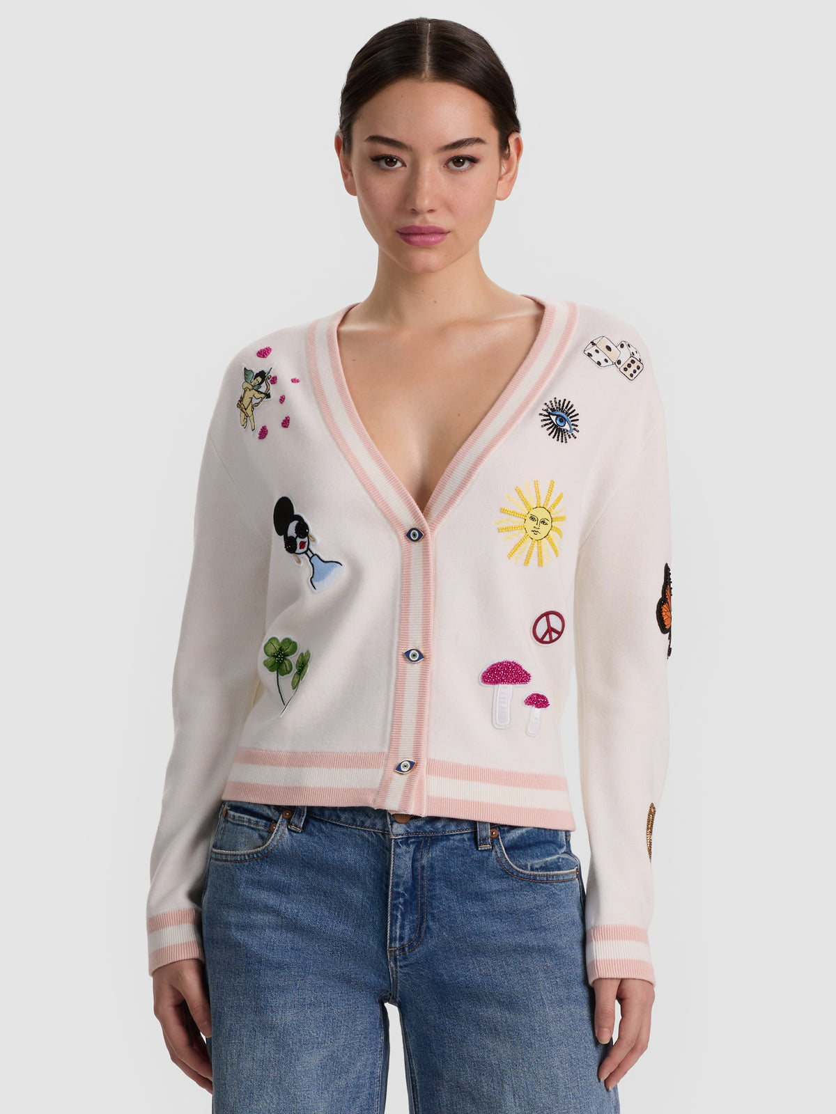 BRADLEY STACEFACE CARDIGAN - SOFT WHITE/ENGLISH ROSE MULTI