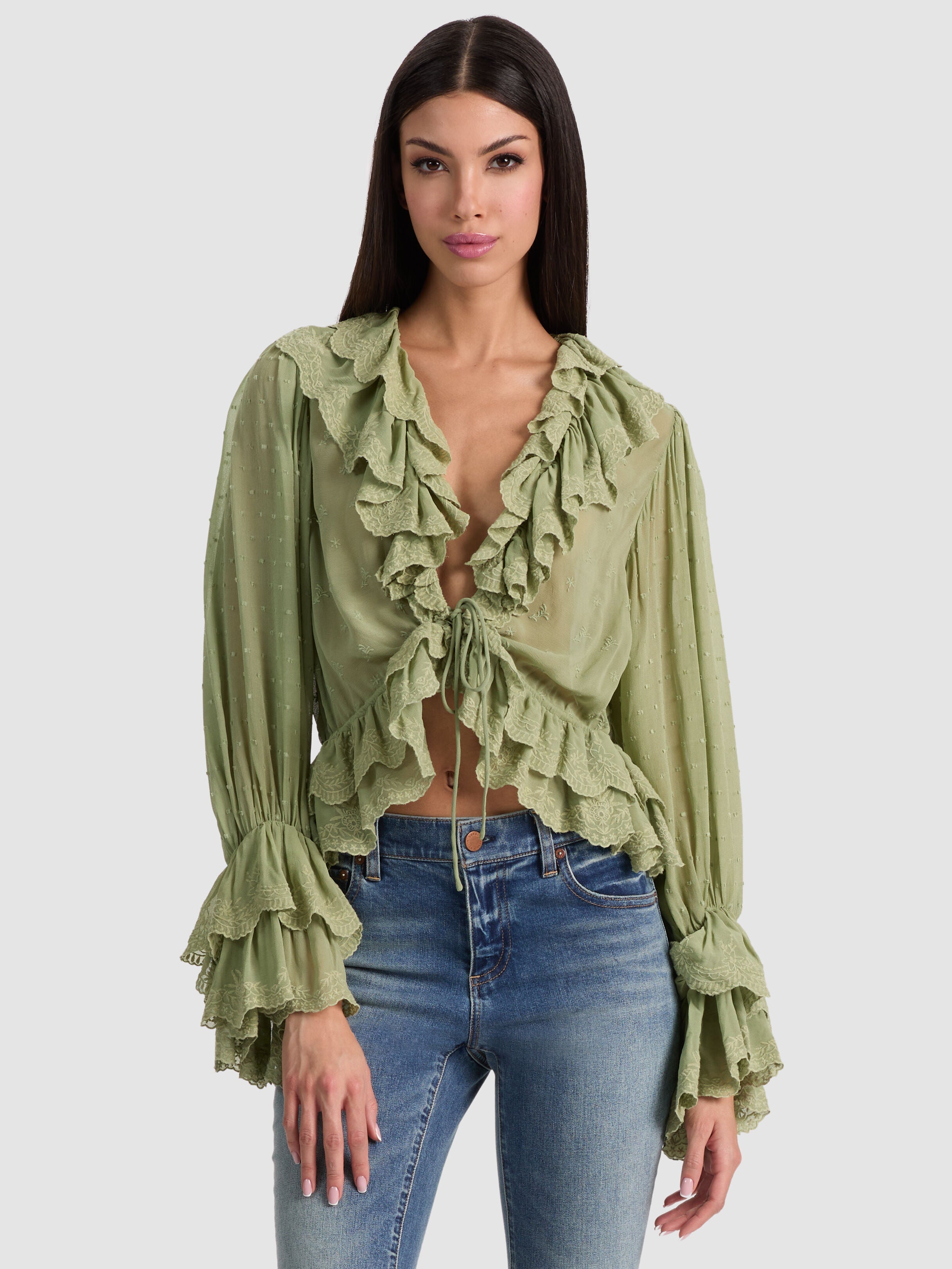 TENNEY EMBR DEEP V RUFFLE CROPPED TOP-ALICE + OLIVIA