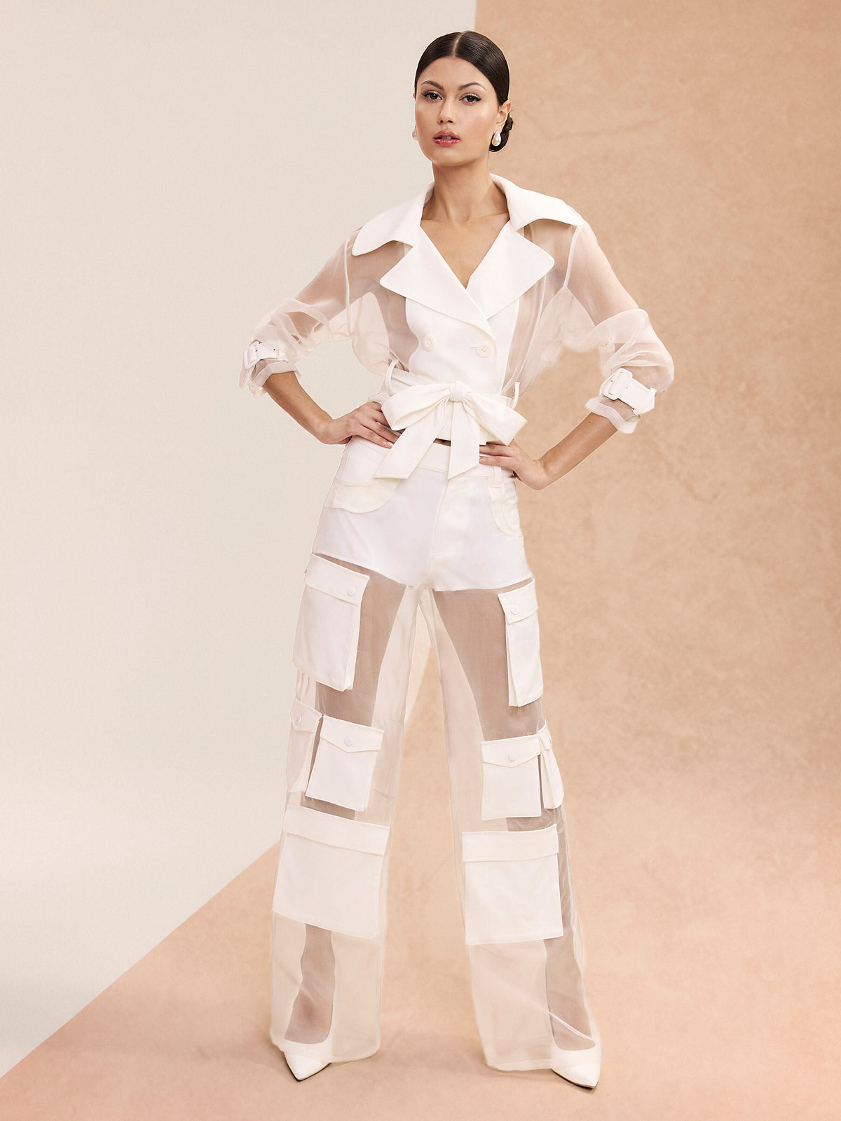 KEITH SHEER COMBO CROPPED TRENCH - OFF WHITE