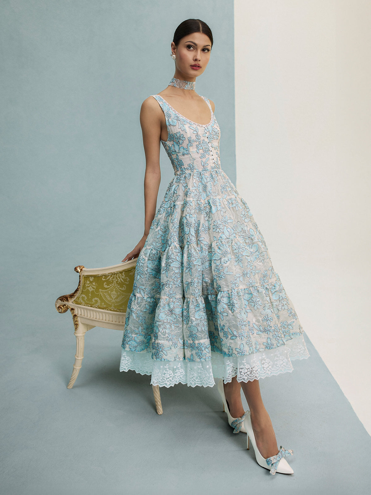 CHARLOTTE EMBR LACE SCOOP NK TIERED ANKLE LENGTH DRESS - OFF WHITE/CAROLINA BLUE