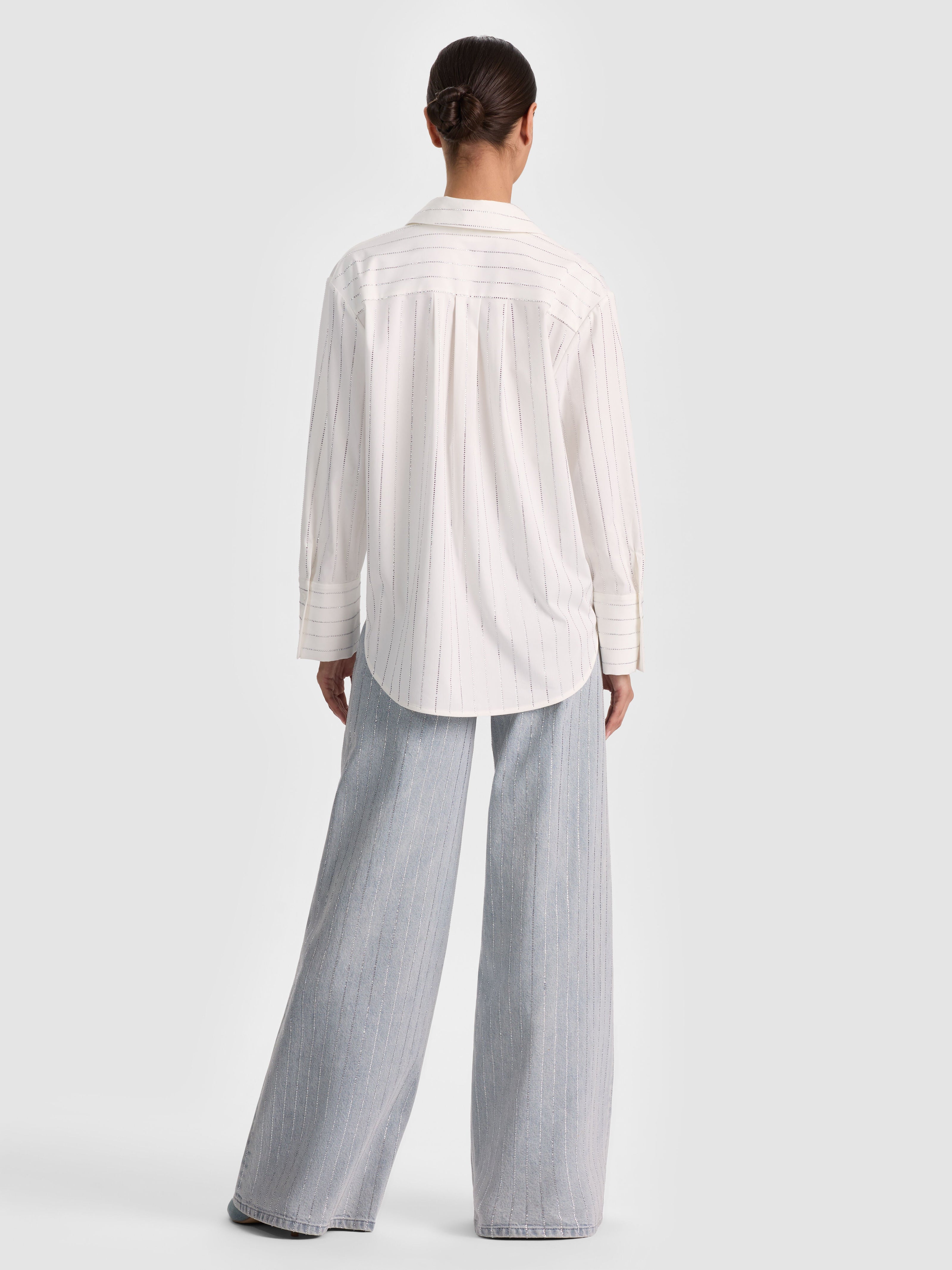 FINELY EMBELLISHED OVERSIZED BUTTON DOWN-OFF WHITE/CLEAR CRYSTAL PINSTR-ALICE + OLIVIA