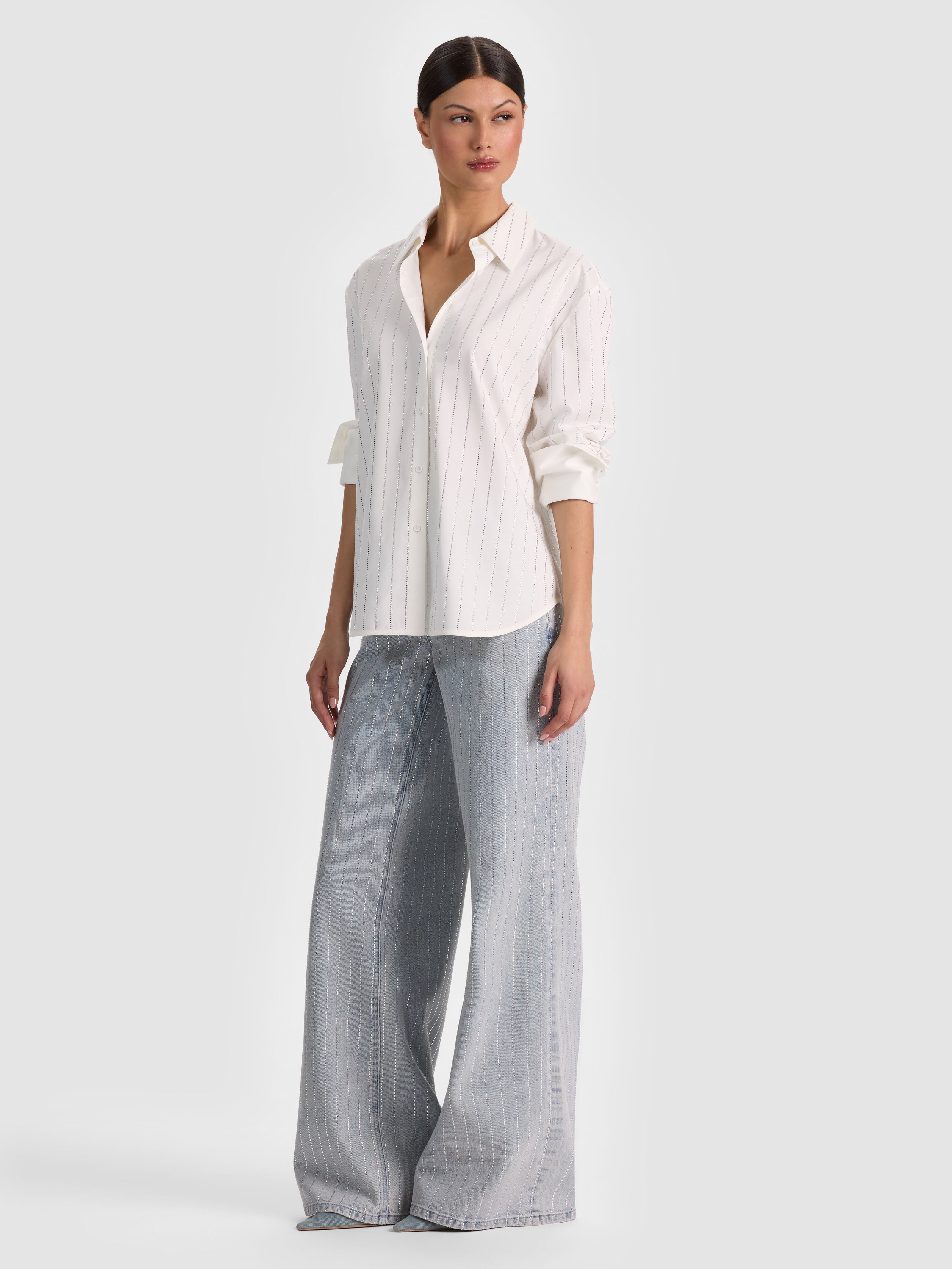 FINELY EMBELLISHED OVERSIZED BUTTON DOWN-OFF WHITE/CLEAR CRYSTAL PINSTR-ALICE + OLIVIA