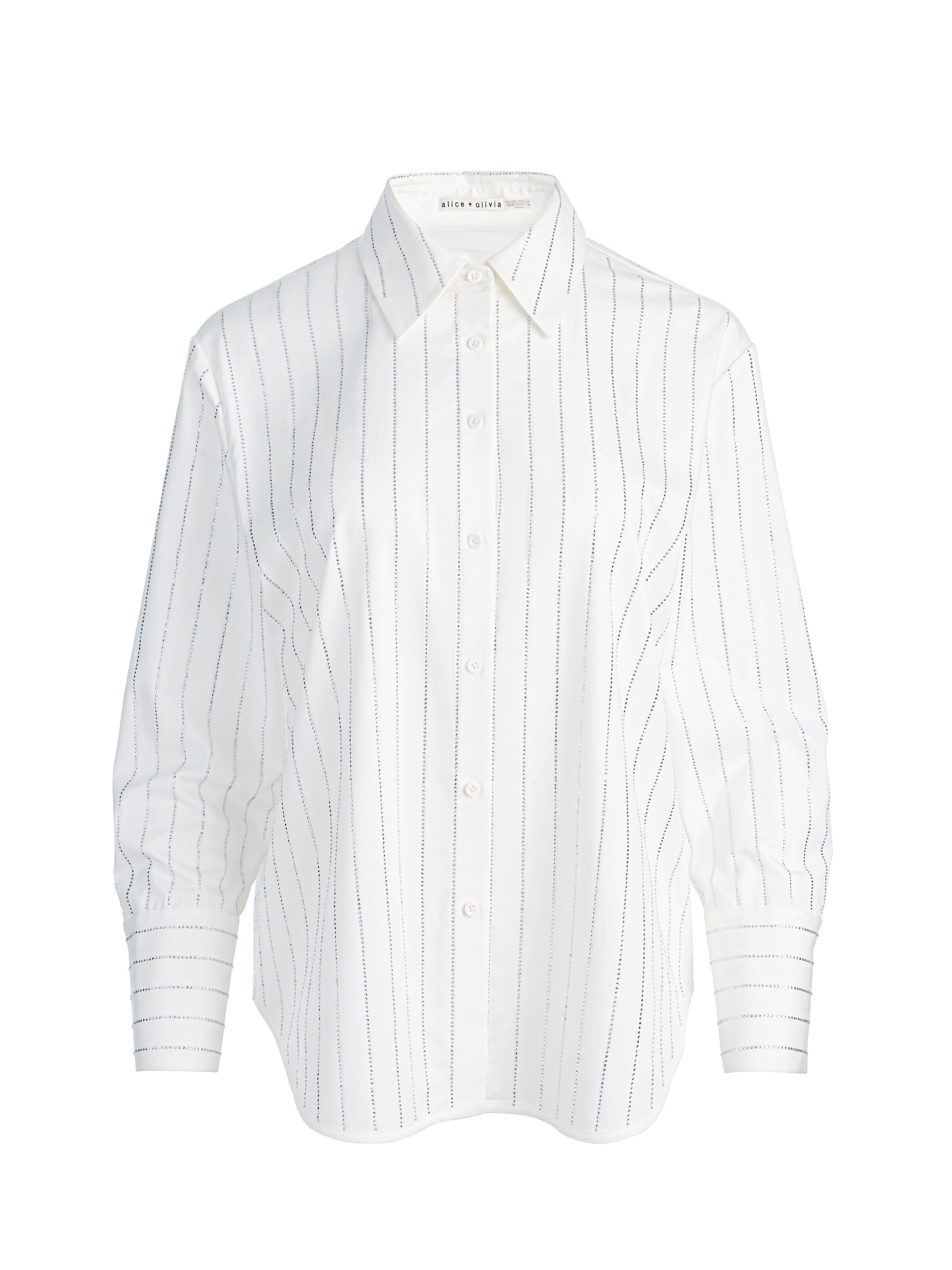 FINELY EMBELLISHED OVERSIZED BUTTON DOWN-OFF WHITE/CLEAR CRYSTAL PINSTR-ALICE + OLIVIA