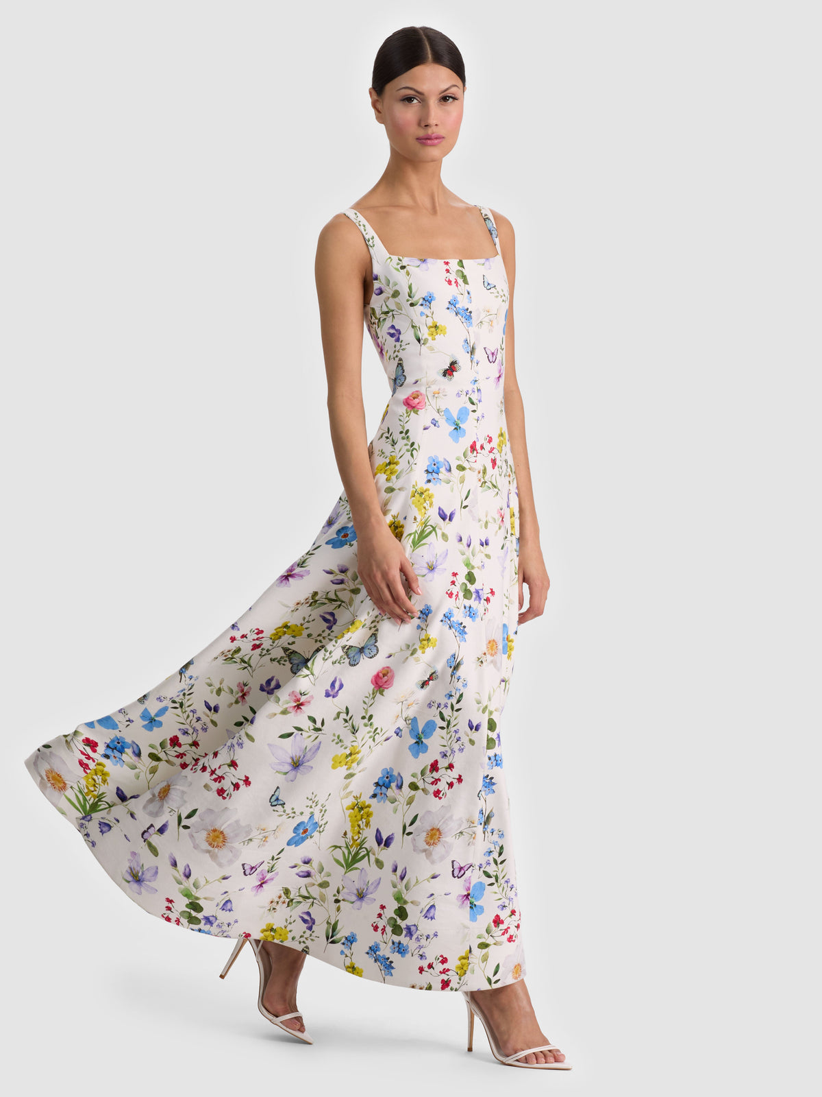 POLLY FLARED MIDI DRESS - TWISTING VINES OFF WHITE