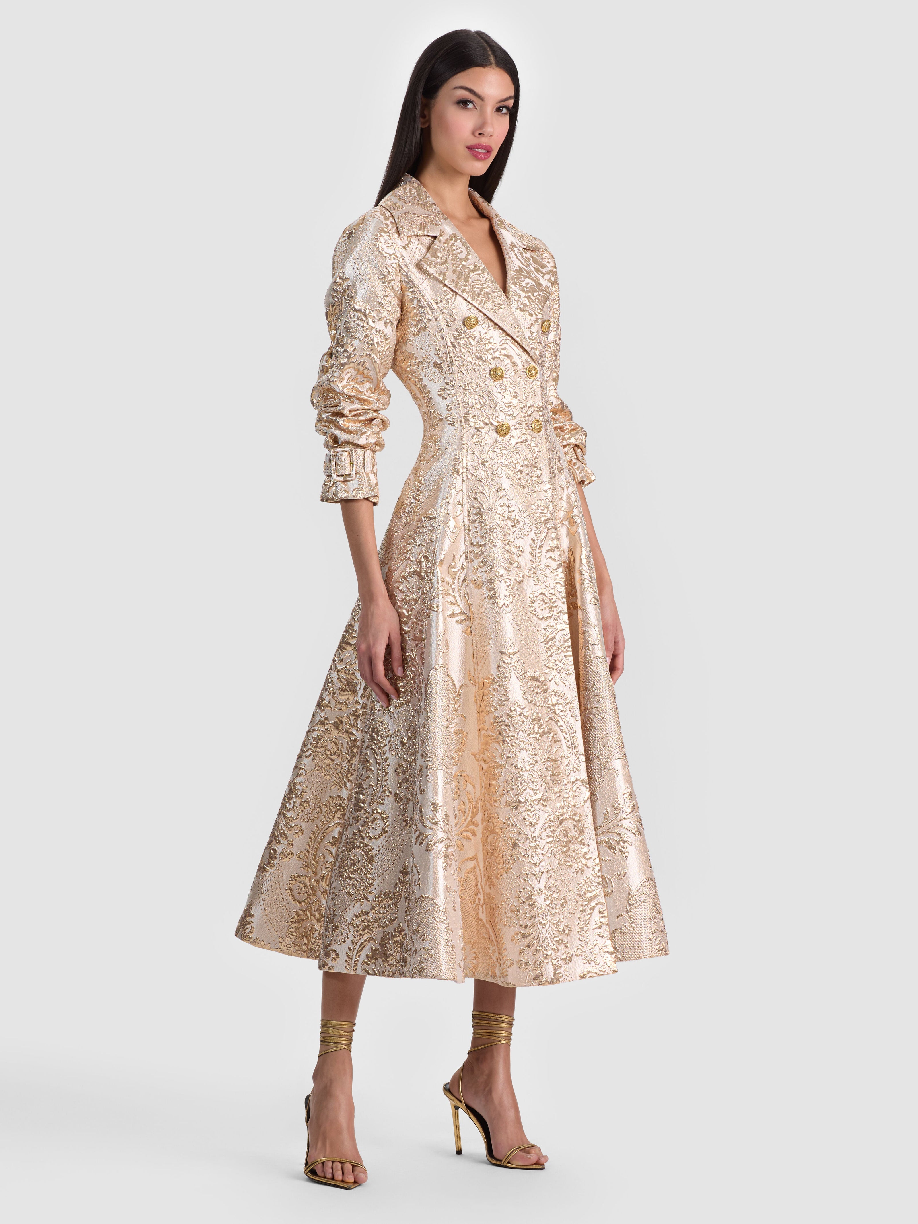 ELLIE TRENCH COAT WITH MIXED JACQUARD-GOLD-ALICE + OLIVIA