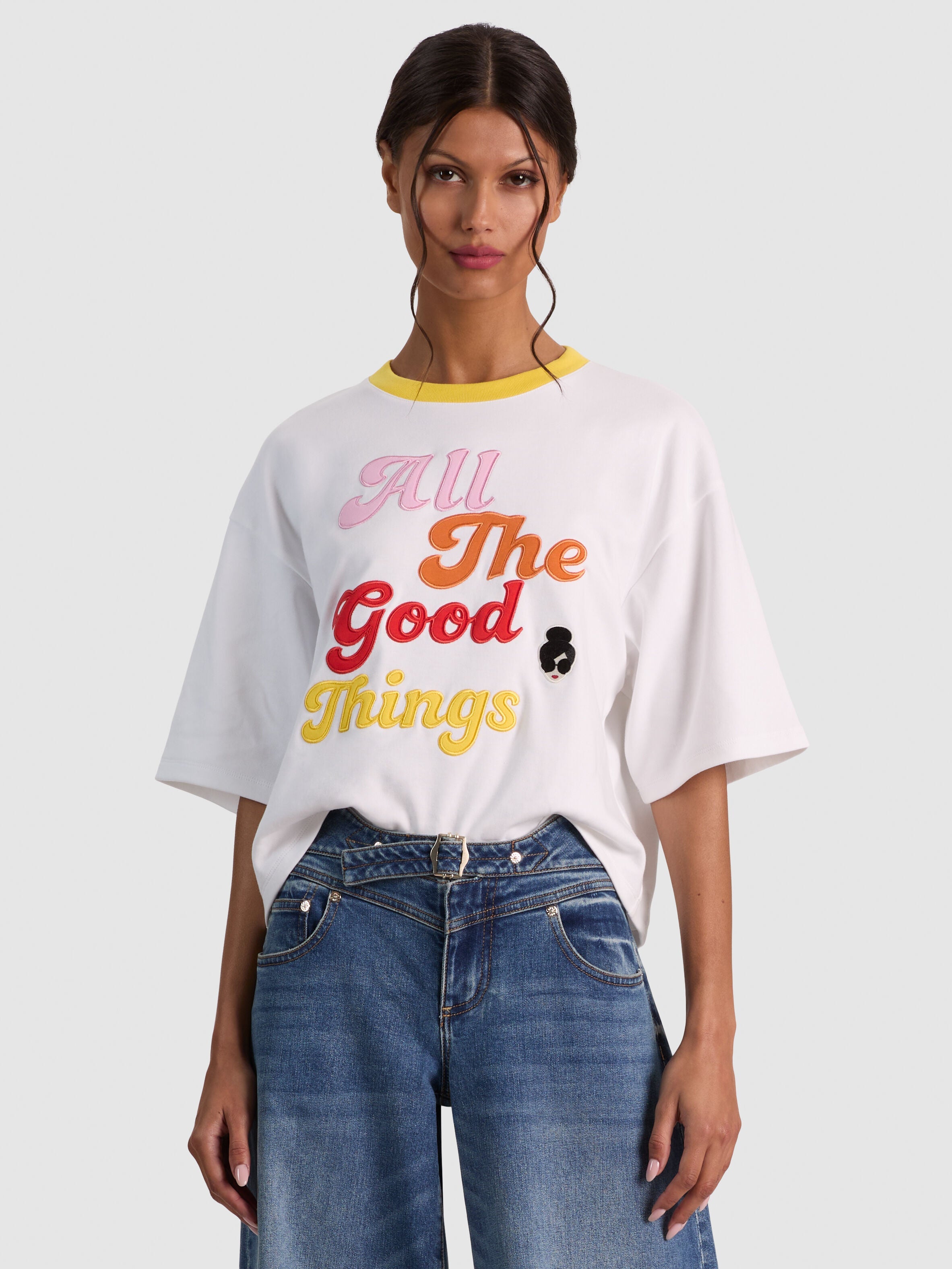 EVAN STACEFACE OVERSIZED CROPPED TEE W APPLIQUES-ALICE + OLIVIA