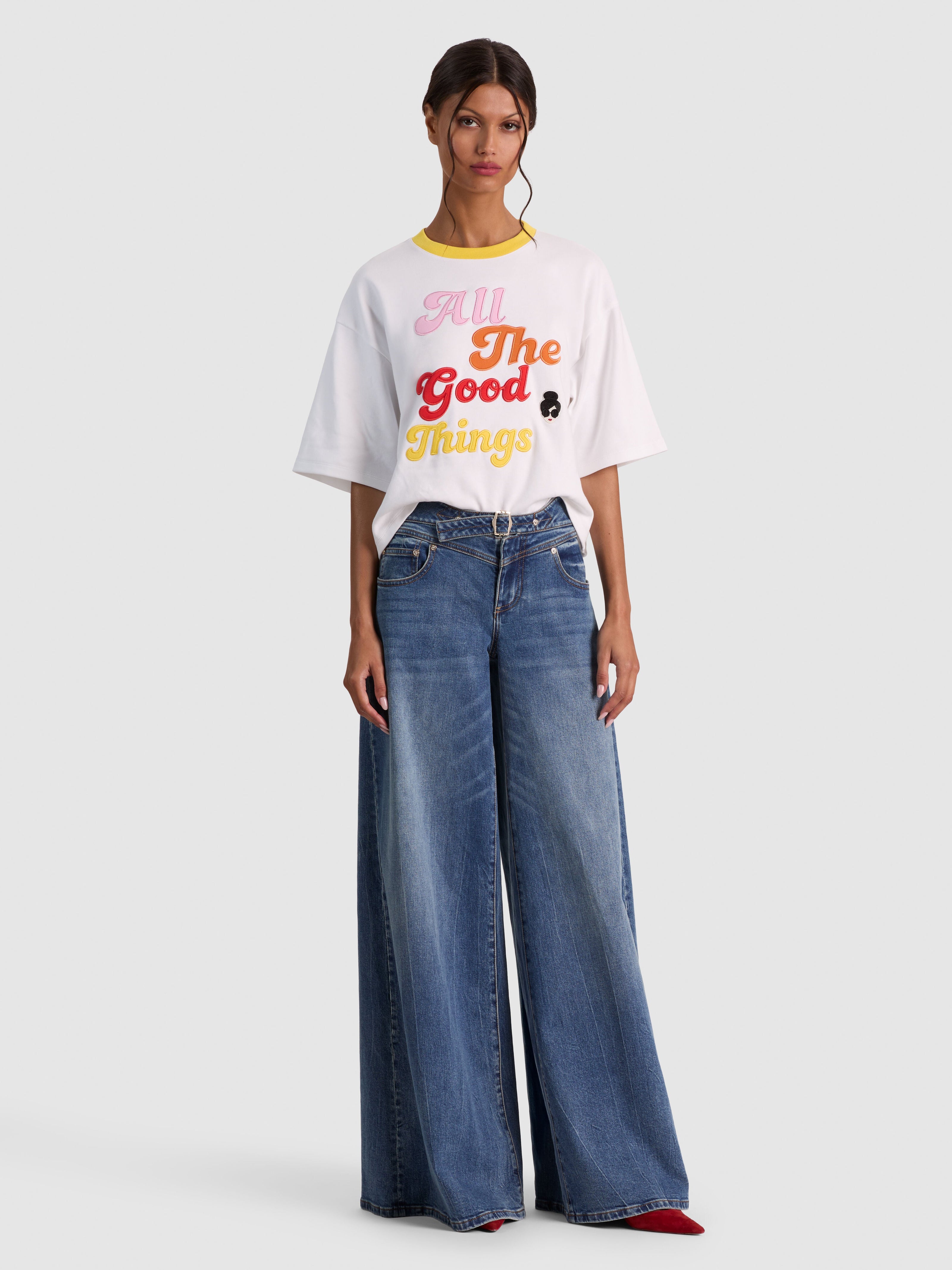 EVAN STACEFACE OVERSIZED CROPPED TEE W APPLIQUES-ALICE + OLIVIA