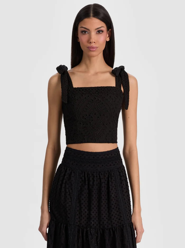 MARINDA EMBR FOLDOVER TIE SHOULDER CROPPED TOP-ALICE + OLIVIA