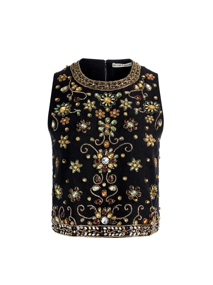 AMAL EMBELLISHED TANK-BLACK/MULTI-ALICE + OLIVIA