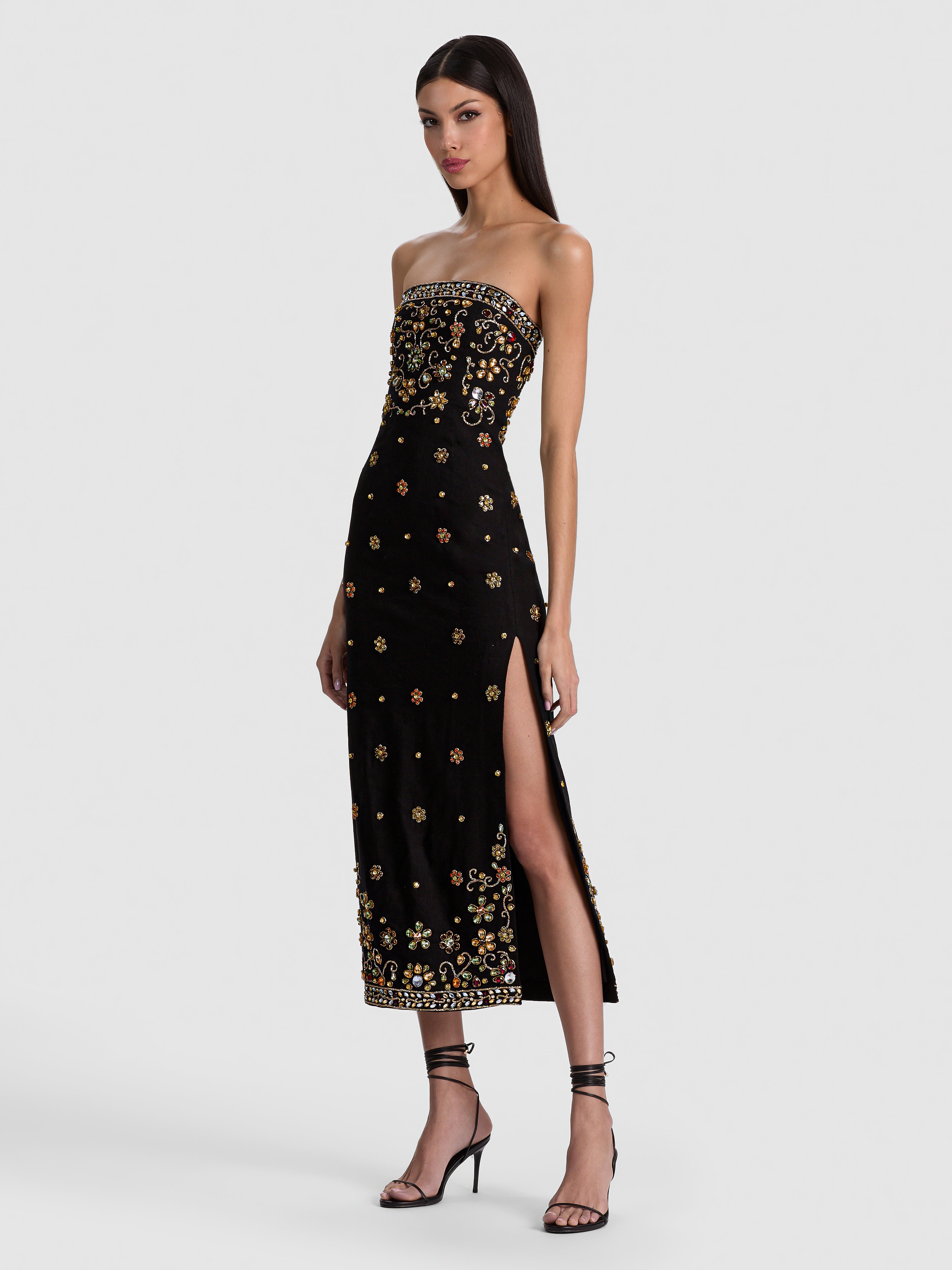 NINA EMBELL STRAIGHT NKLINE STRAPLESS MIDI DRESS-ALICE + OLIVIA