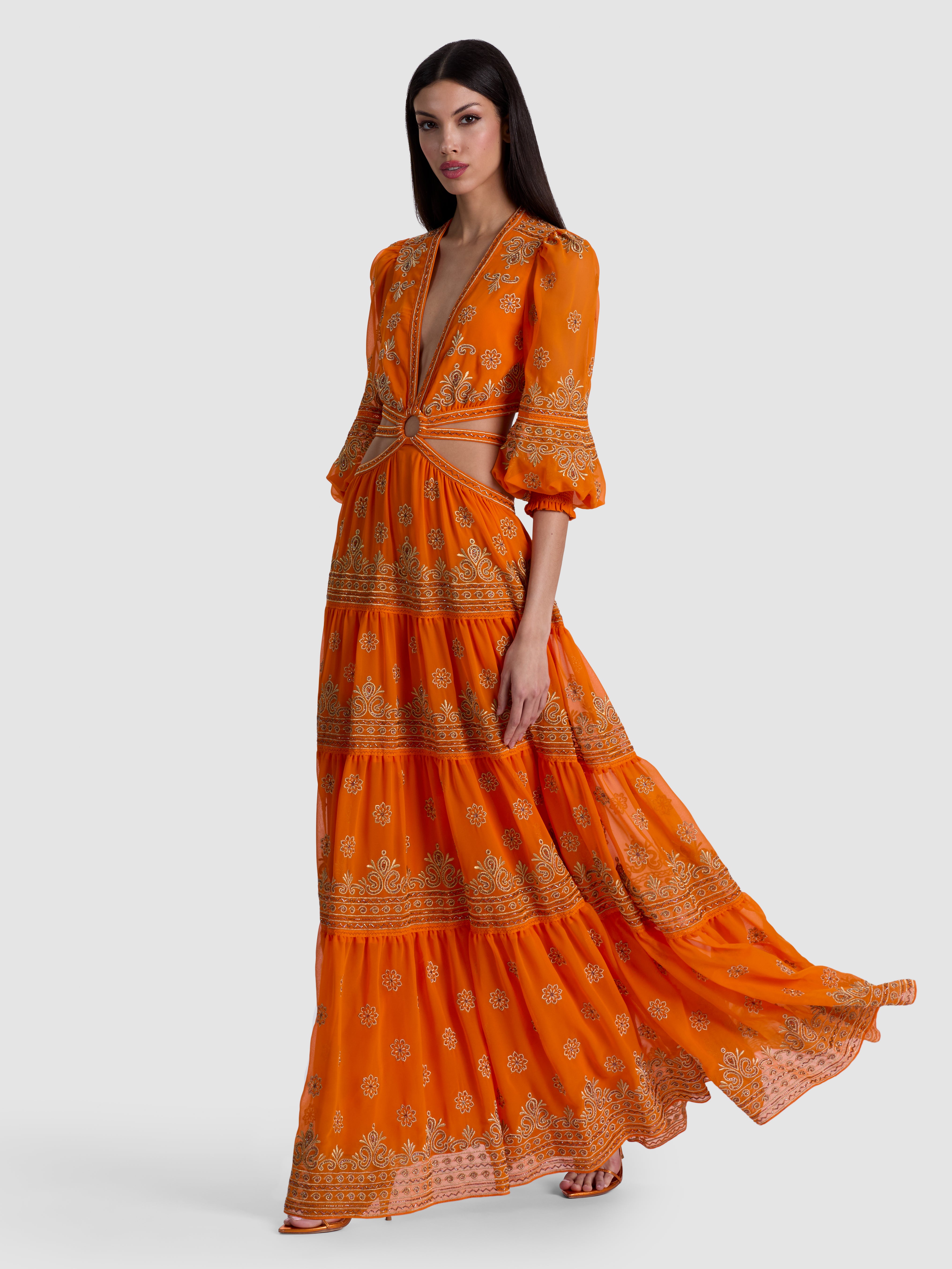 PATRICA EMBELL TIERED RUFFLE MAXI DRESS