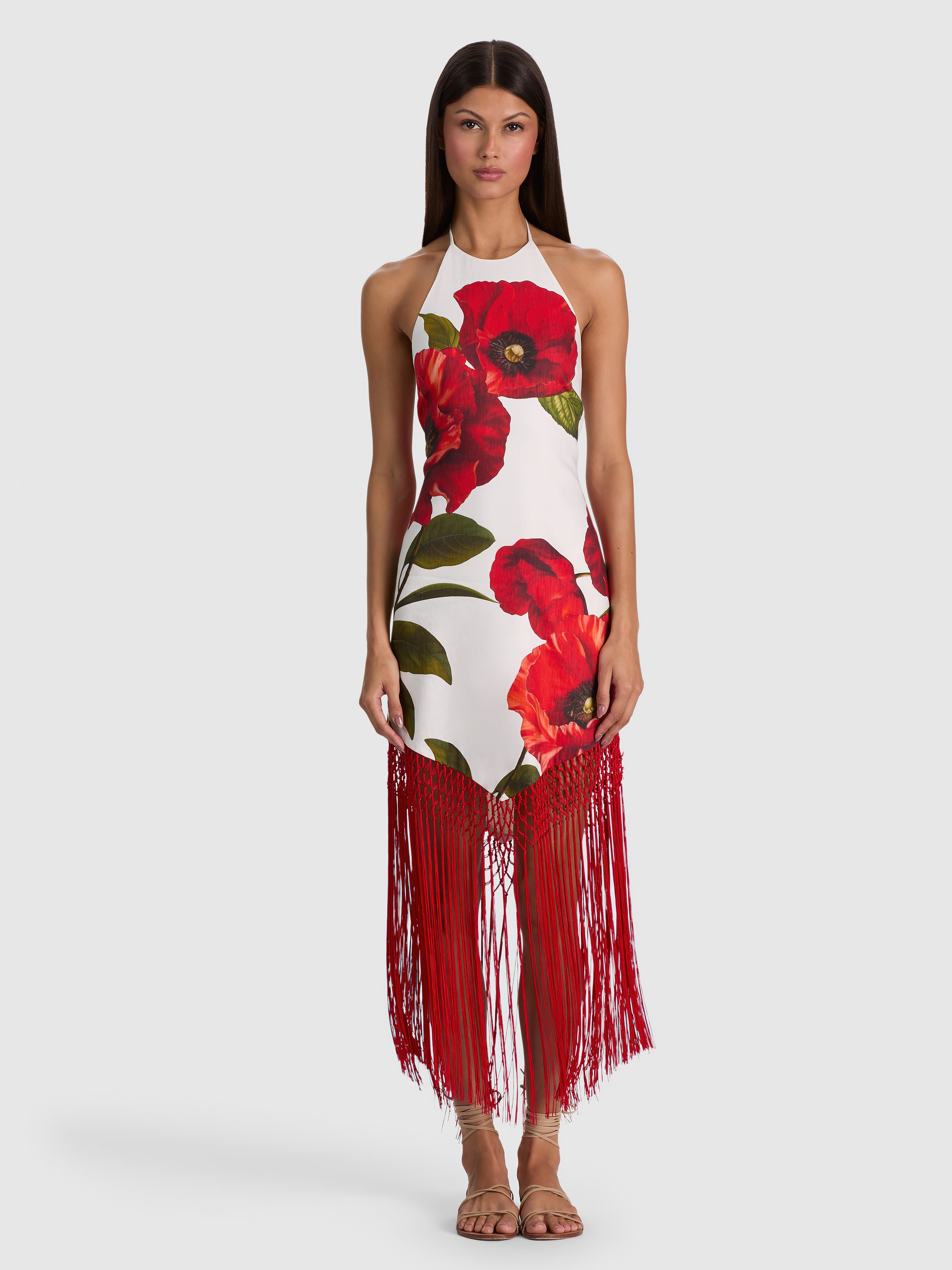 MALLORY HALTER NK FRINGE HEM MIDI DRESS-ALICE + OLIVIA