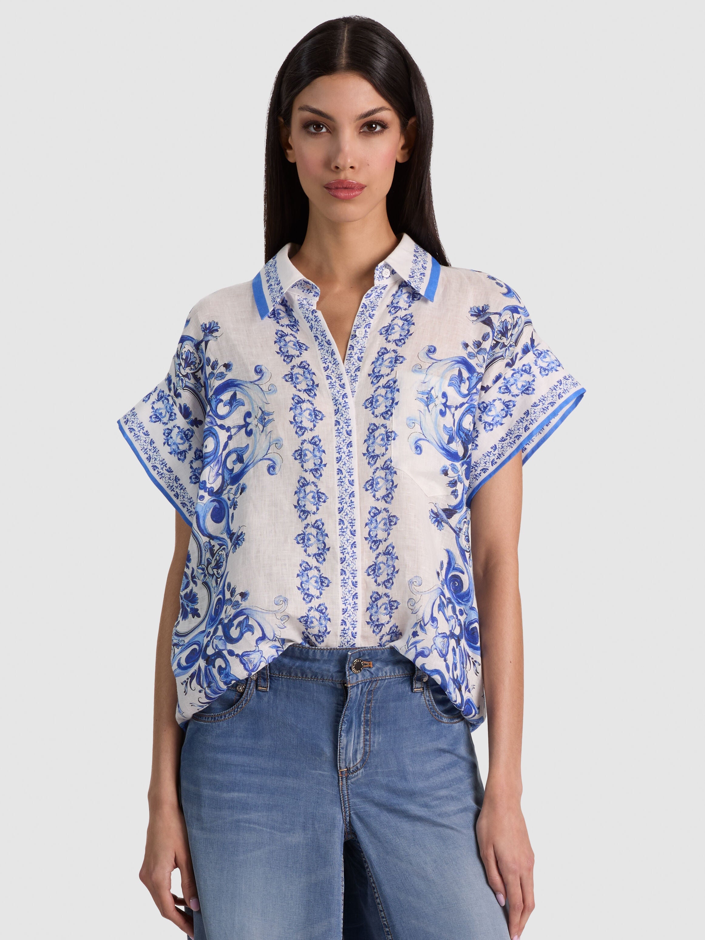 FINELY OVSZ SS BTN DWN-ALICE + OLIVIA