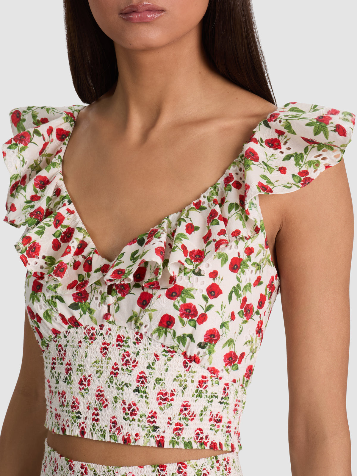 GEMMA EMBR EYELET BTN FT SMKD CROPPED TOP-ALICE + OLIVIA