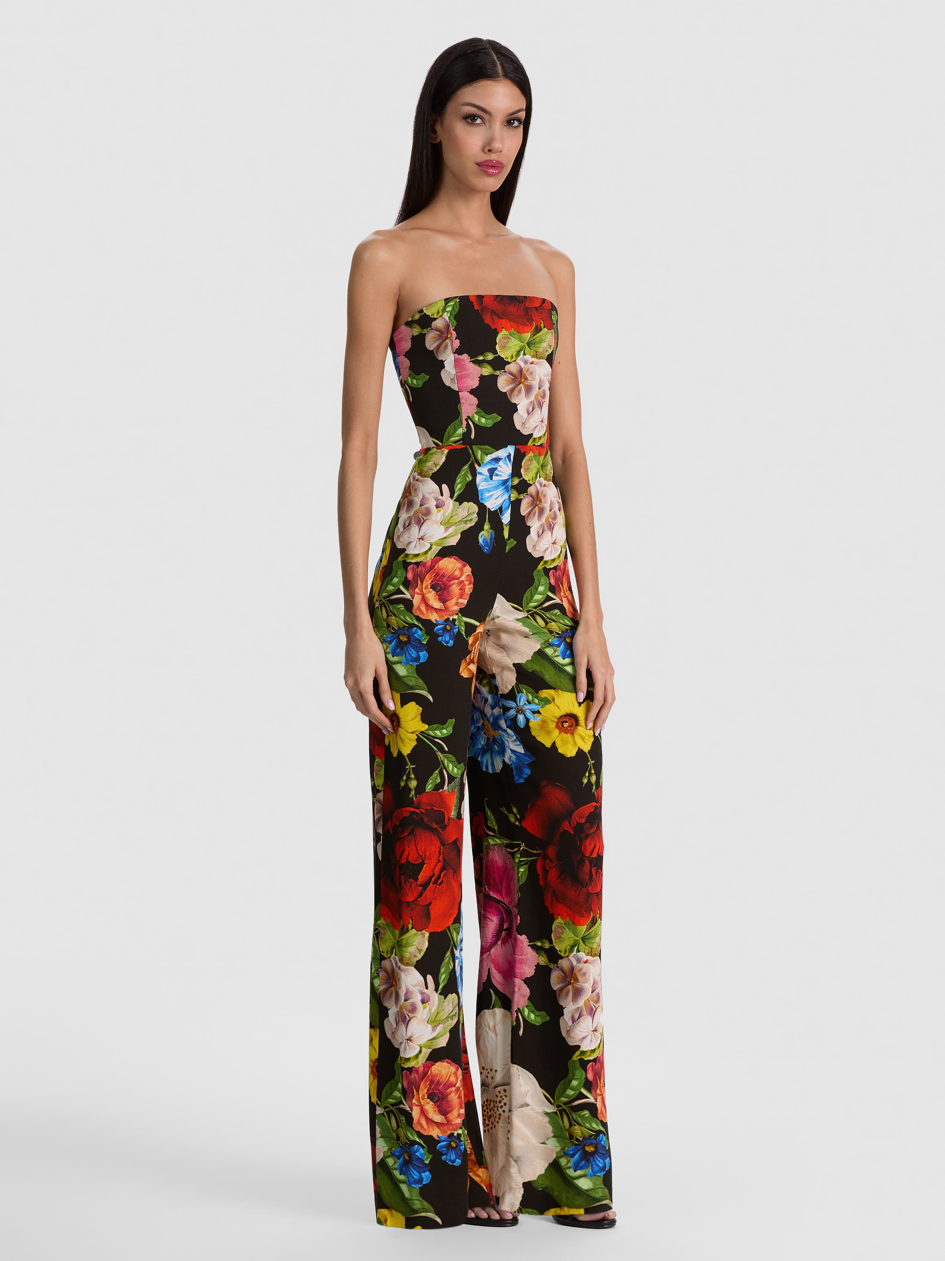 BEATRIZ STRAPLESS WIDE LEG JUMPSUIT-ENDLESS BLOSSOM LG BLACK-ALICE + OLIVIA