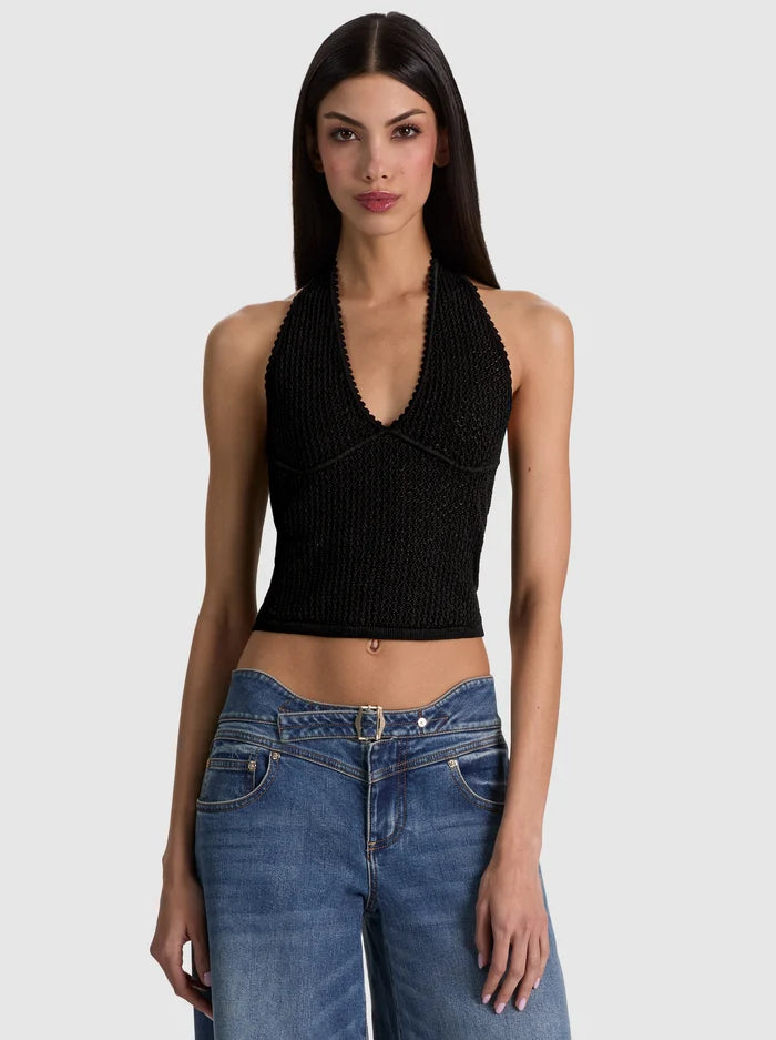 PEARL POINTELLE TIE BACK HALTER-Black-ALICE + OLIVIA