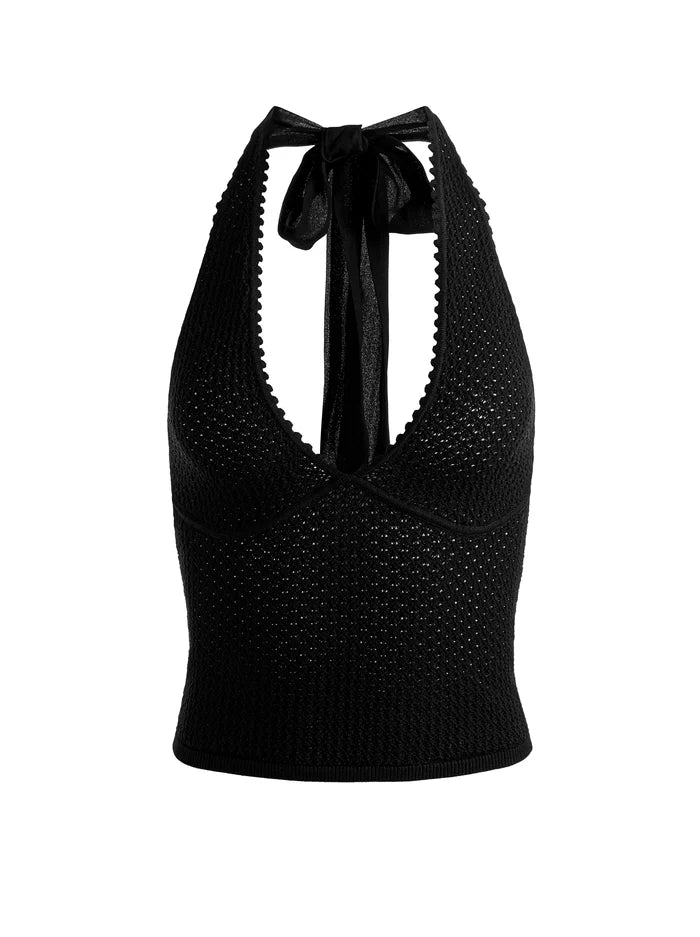 PEARL POINTELLE TIE BACK HALTER-Black-ALICE + OLIVIA