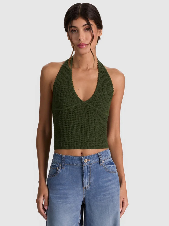 PEARL POINTELLE TIE BACK HALTER-DARK FERN-ALICE + OLIVIA