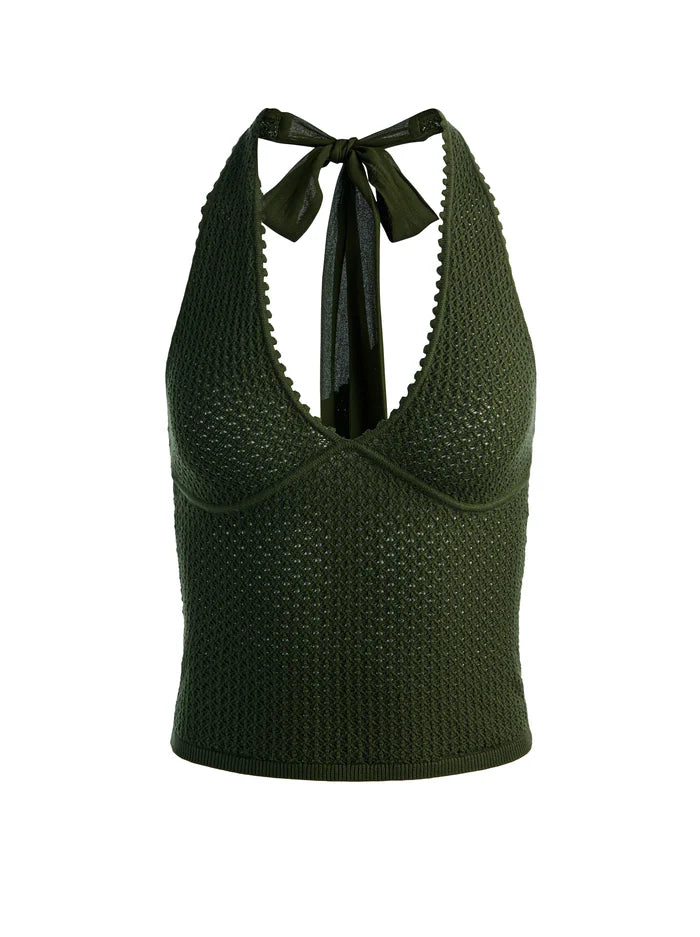 PEARL POINTELLE TIE BACK HALTER-DARK FERN-ALICE + OLIVIA