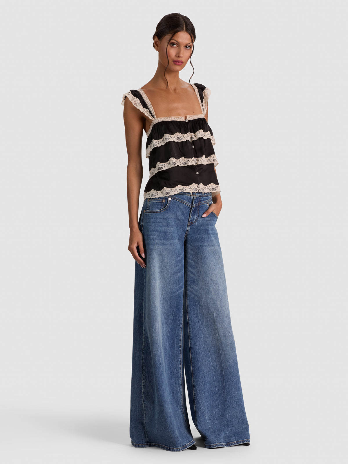 SYLVIE TIERED LACE CROP TOP - BLACK