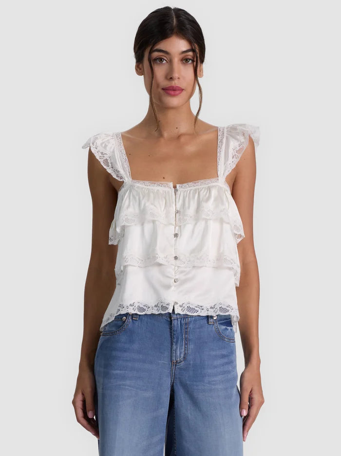 SYLVIE FLUTTER SLV TIERED LACE TRIM BTN FT CROPPED TOP-ALICE + OLIVIA