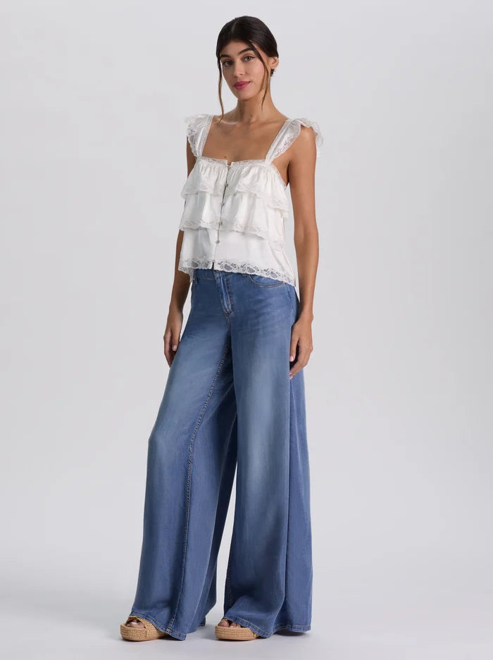 SYLVIE FLUTTER SLV TIERED LACE TRIM BTN FT CROPPED TOP-ALICE + OLIVIA