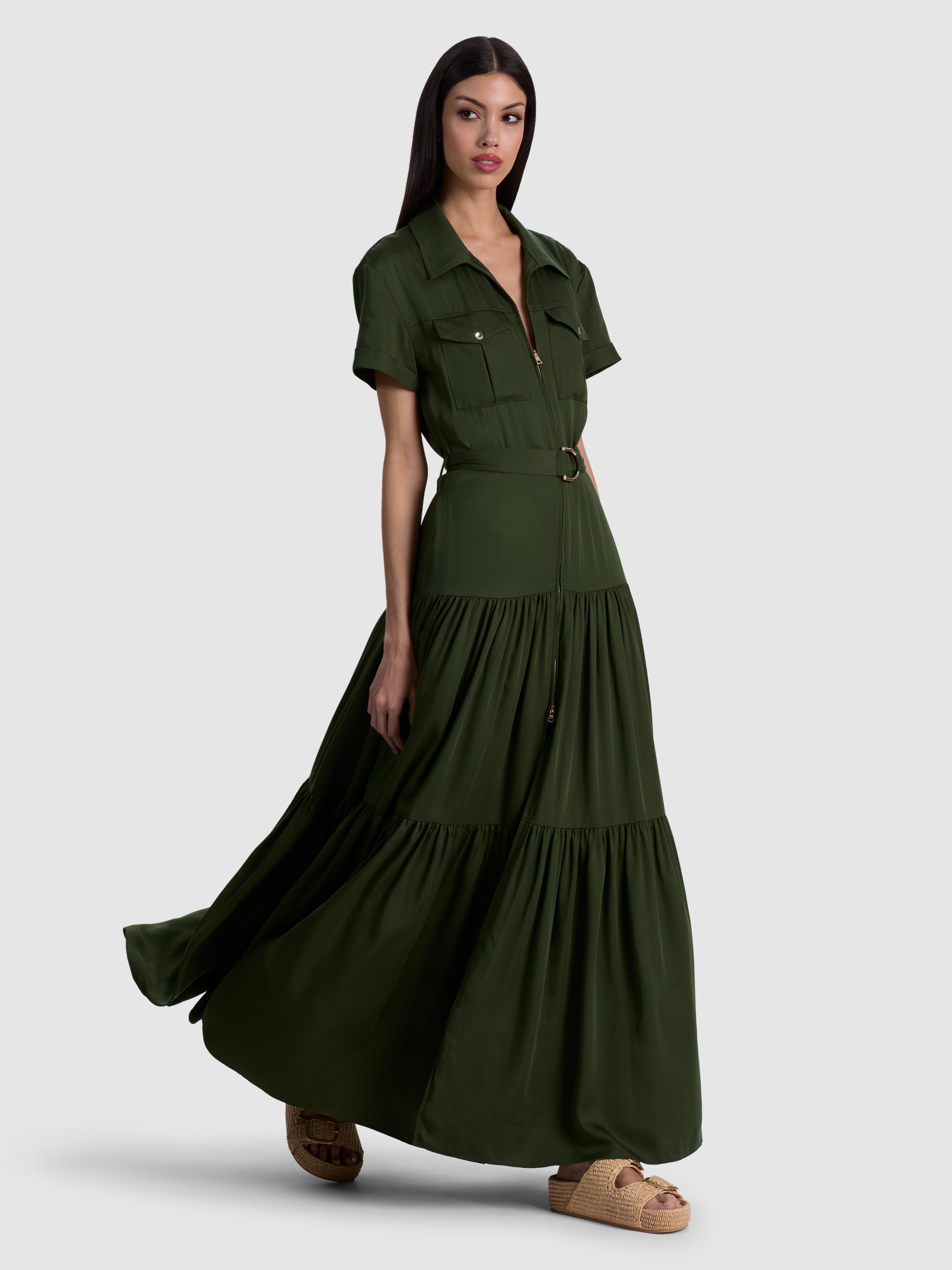 LUCY ZIP FT TIERED UTILITY MAXI SHIRT DRESS W TIE BELT-ALICE + OLIVIA