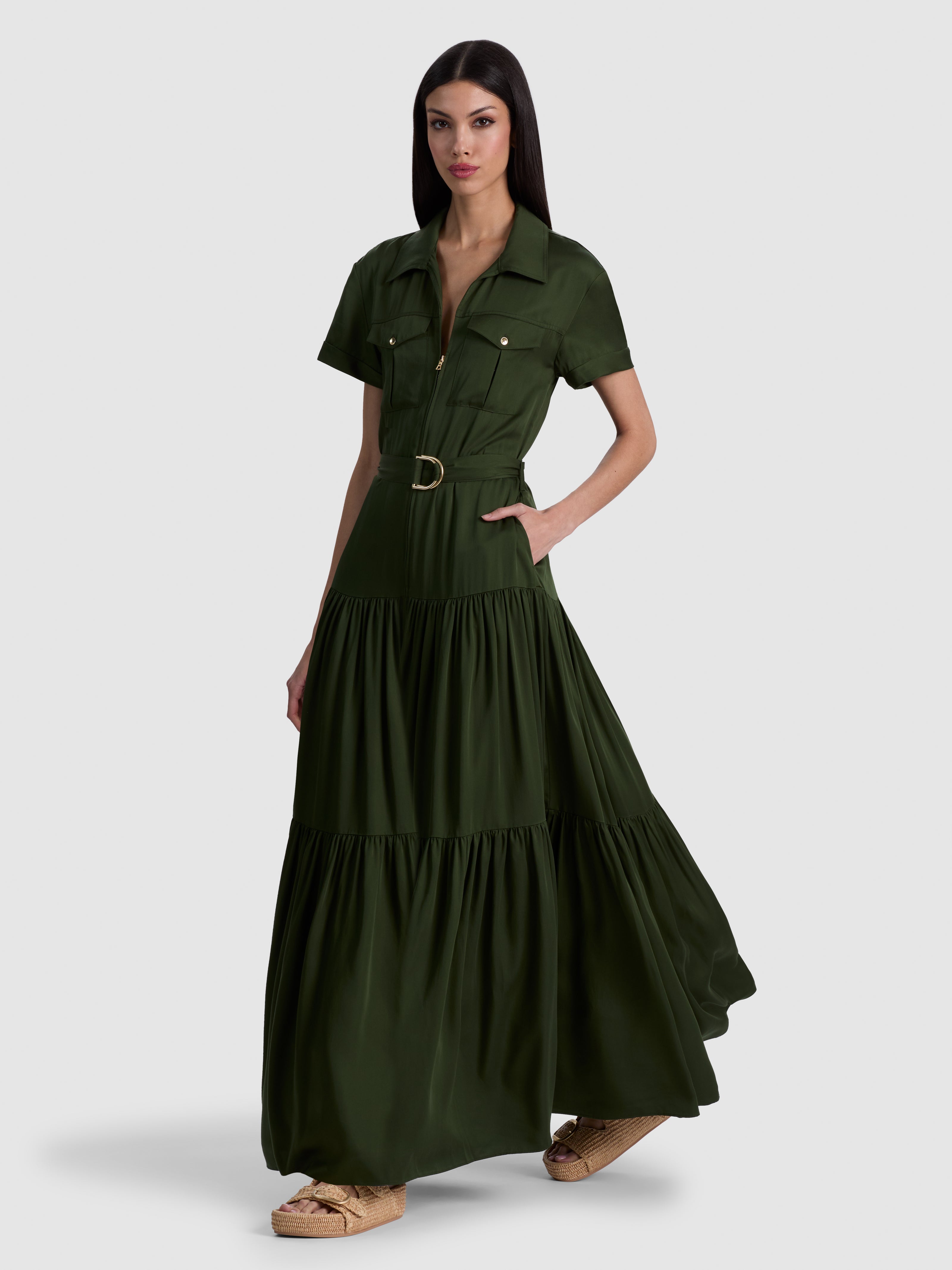 LUCY ZIP FT TIERED UTILITY MAXI SHIRT DRESS W TIE BELT-ALICE + OLIVIA