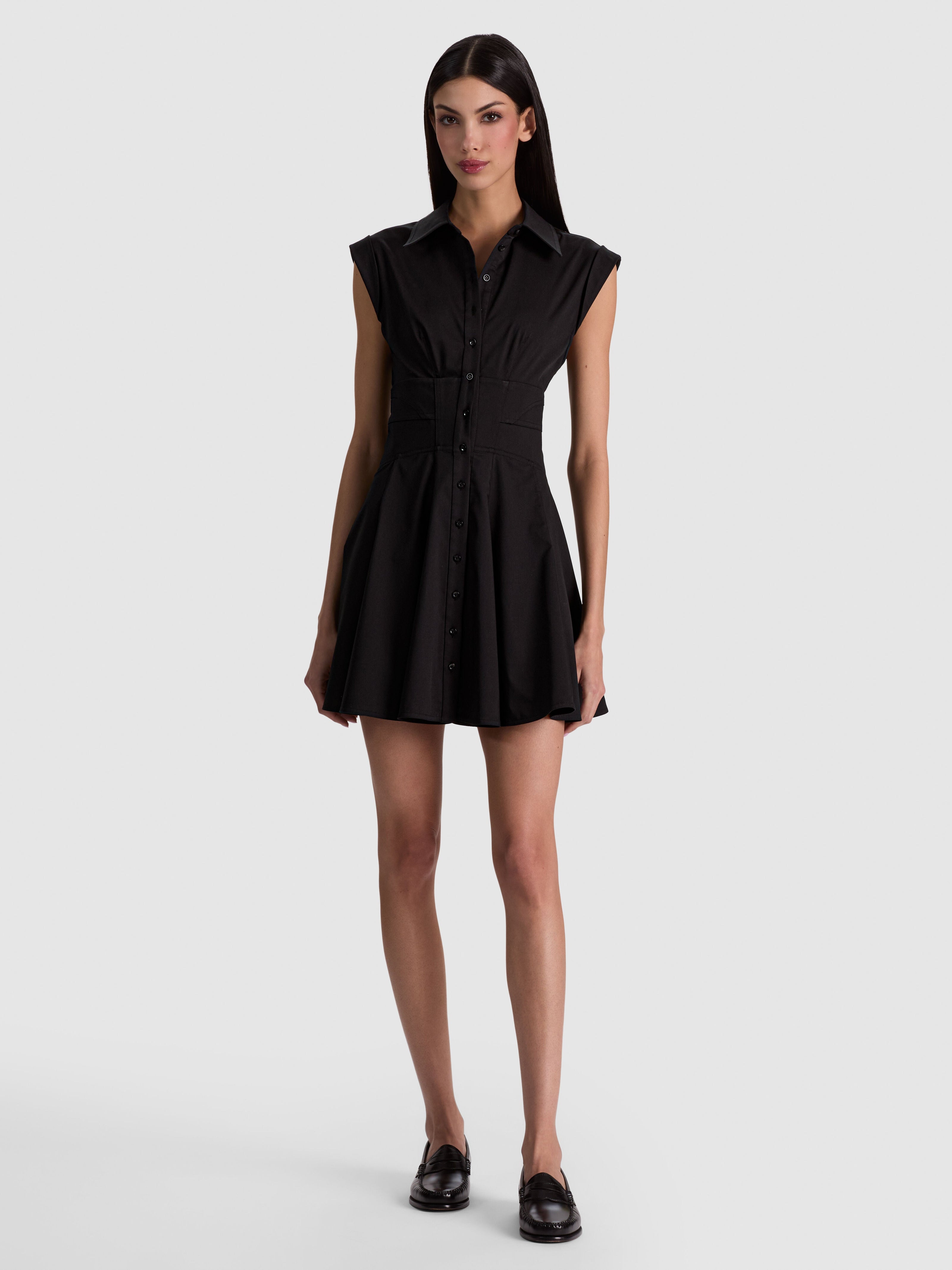 KIM PANELED CORSET FLARED MINI SHIRT DRESS-Black-ALICE + OLIVIA