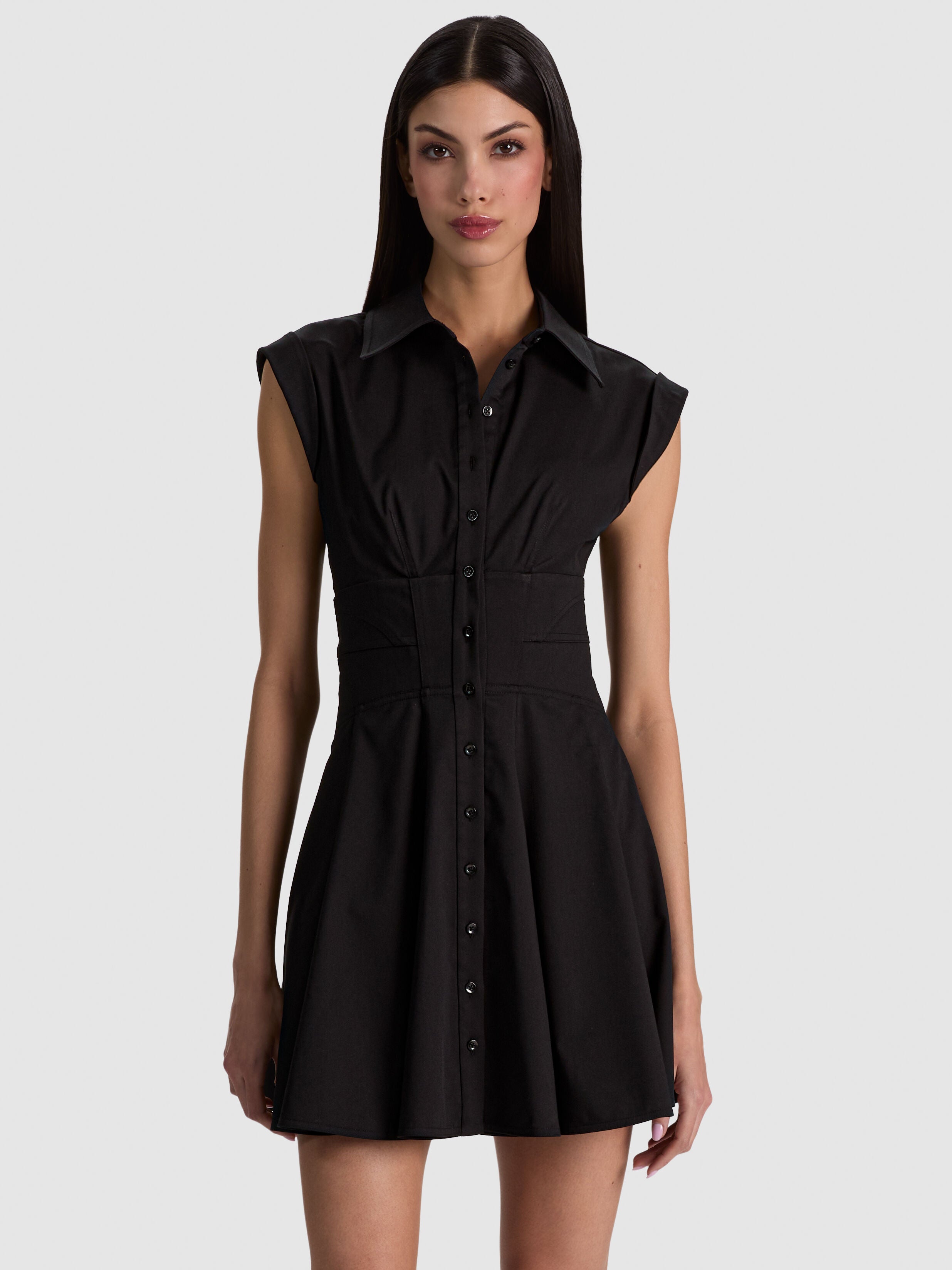 KIM PANELED CORSET FLARED MINI SHIRT DRESS-ALICE + OLIVIA